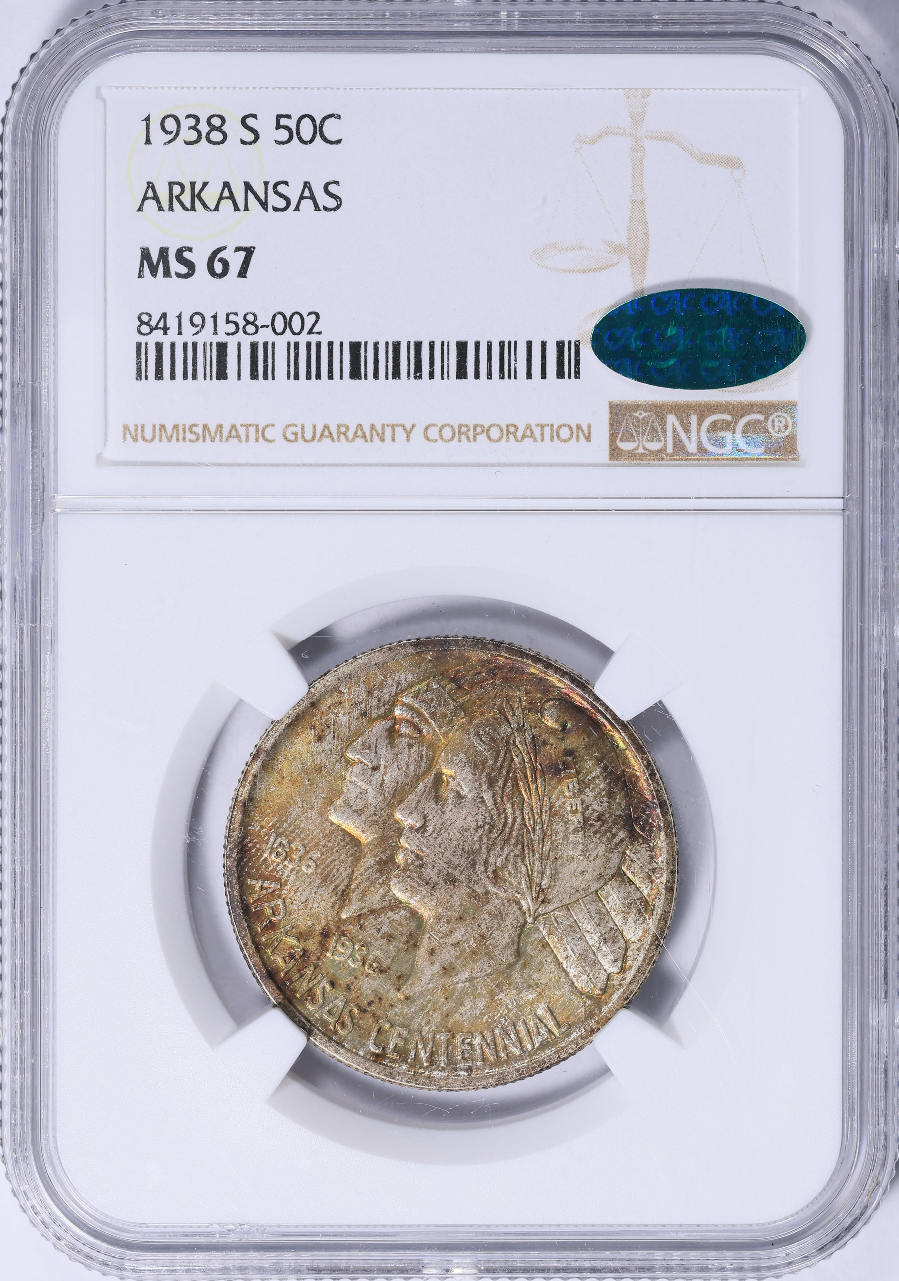 1938-S Arkansas Centennial Half Dollar NGC MS-67 (CAC Green