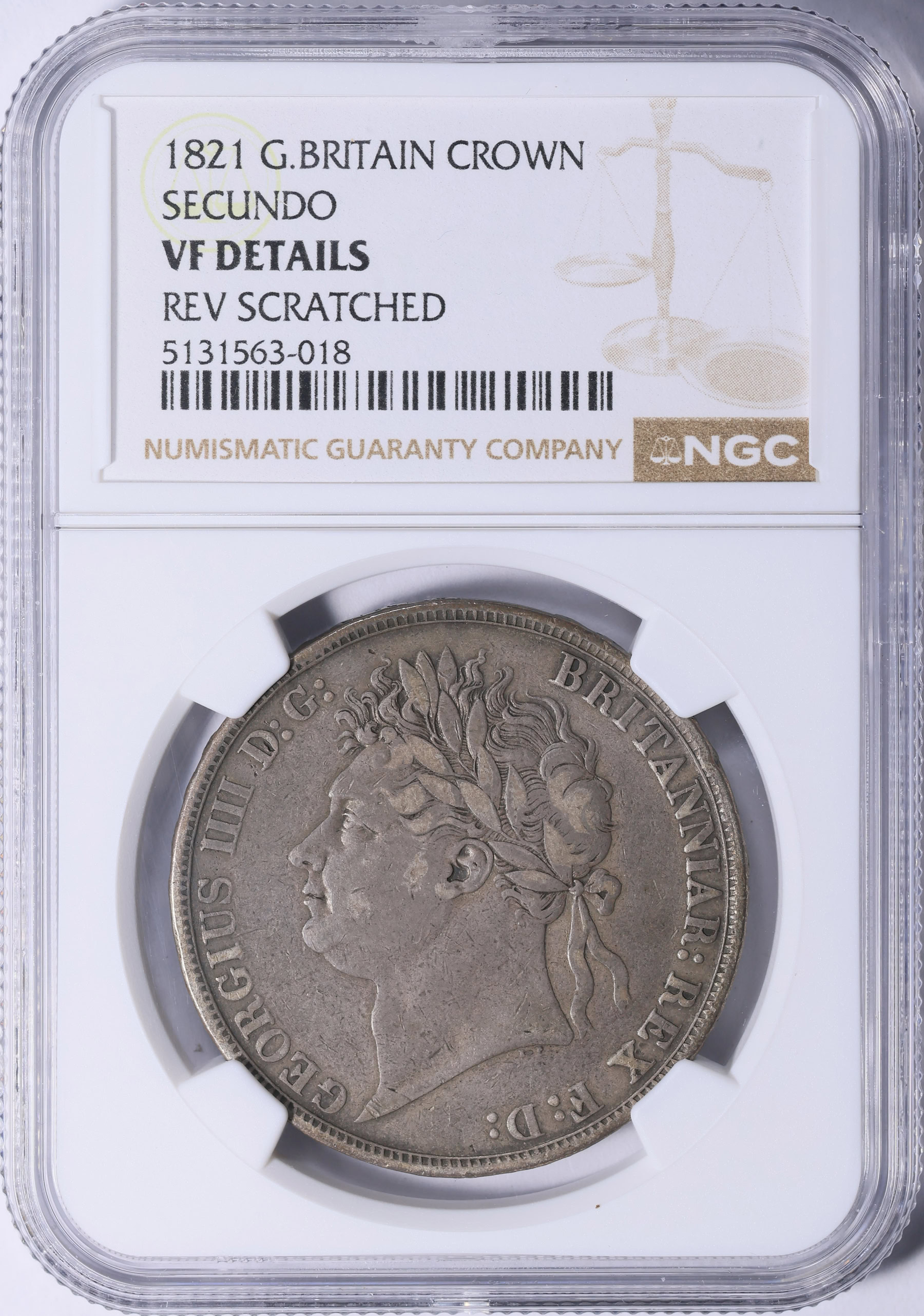 Great Britain 1821 Silver Crown SECUNDO Edge KM-680.1 NGC VF