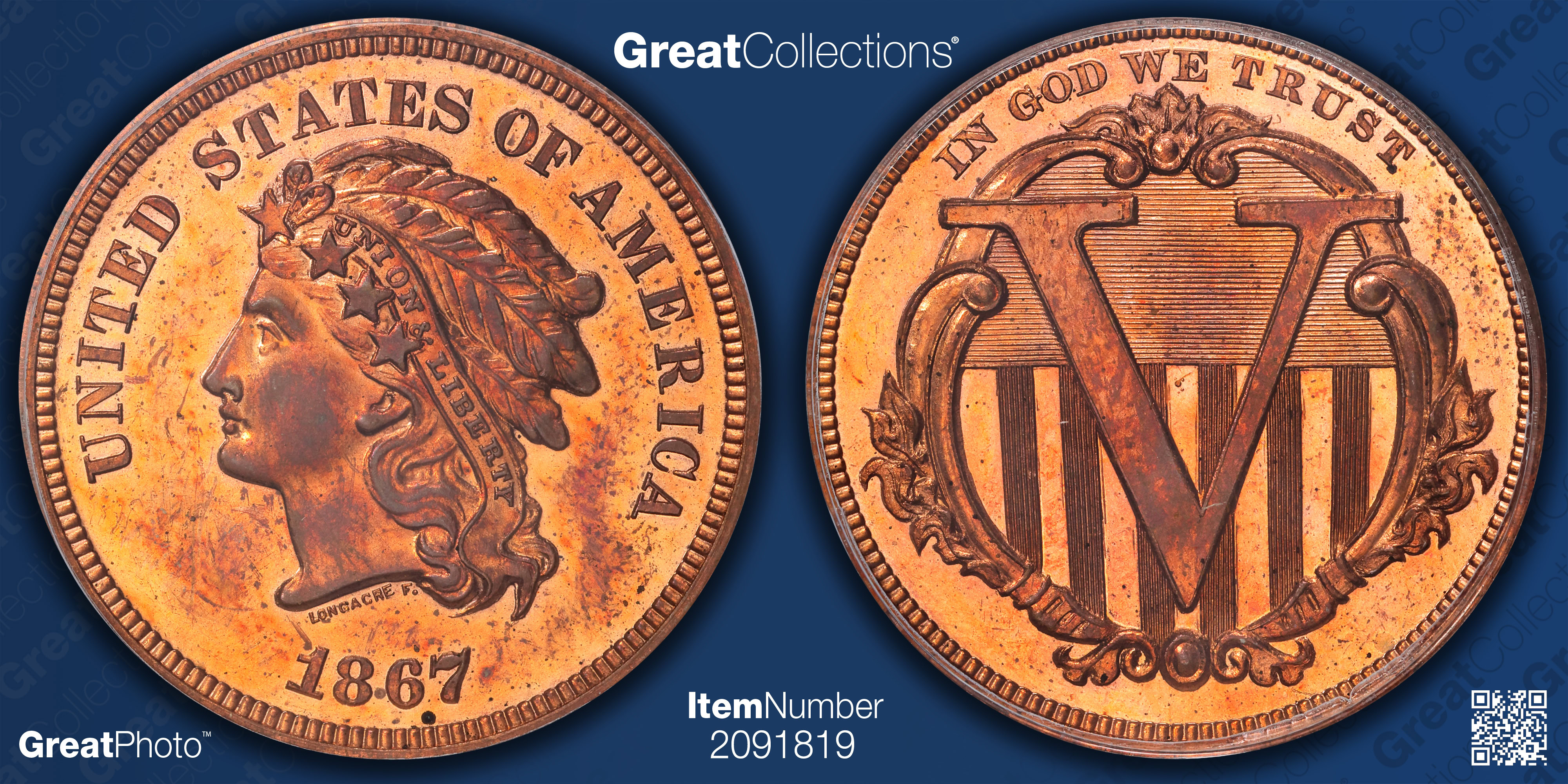 Pattern 1867 5c Nickel J-564 PCGS Proof-64 RD (CAC Green) OGH