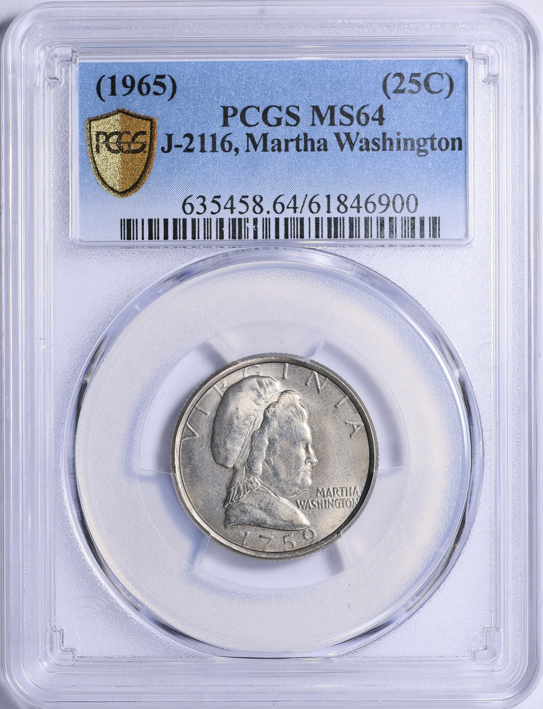 Pattern (1965) (25C) Martha Washington Quarter J-2116 PCGS MS-64