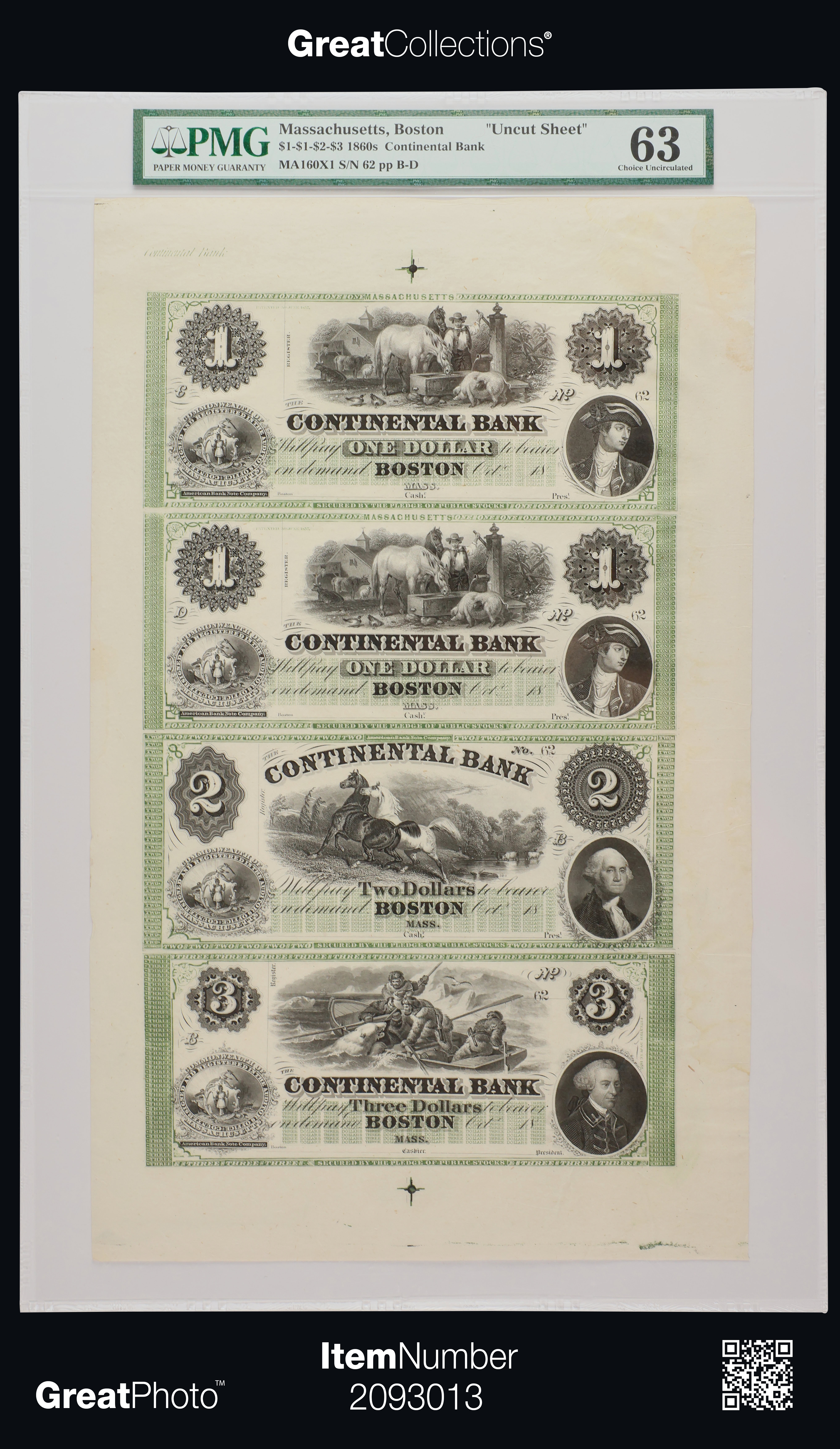 1860s Boston, Massachusetts Continental Bank $1-$1-$2-$3 Uncut
