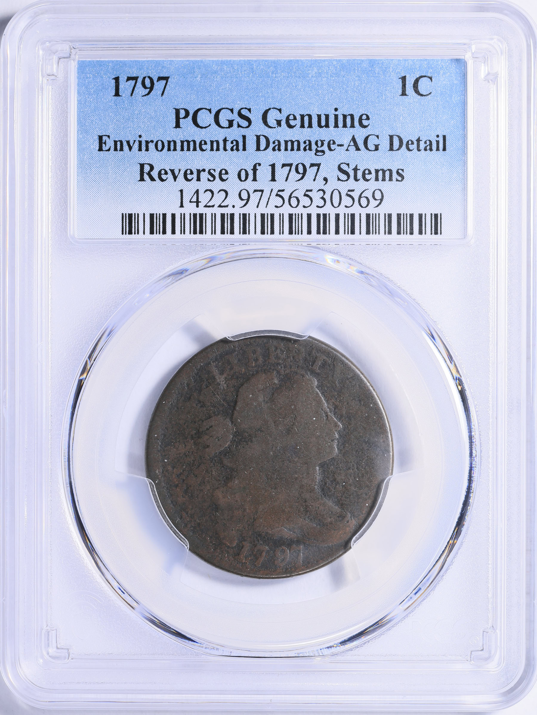 1797 Draped Bust Cent Reverse of 1797, Stems PCGS Genuine AG Details ...