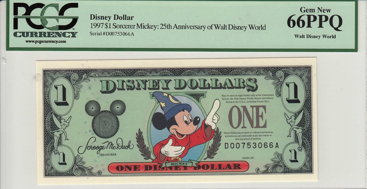 1997 $1 Disney Dollar Sorcerer Mickey: 25th Anniversary of Walt