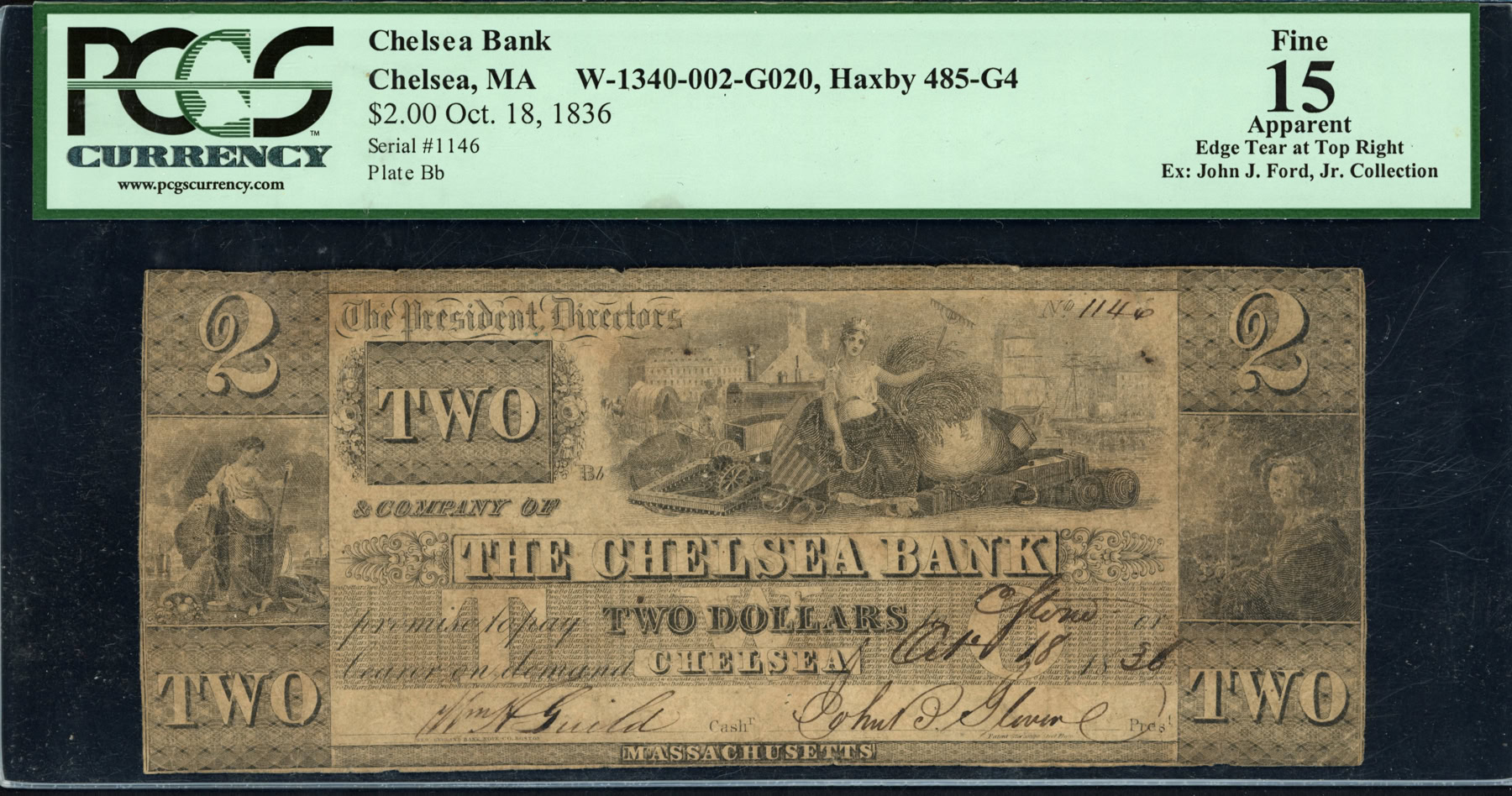 Oct. 18, 1836 Chelsea, Massachusetts Chelsea Bank $2 Note PCGS Currency ...