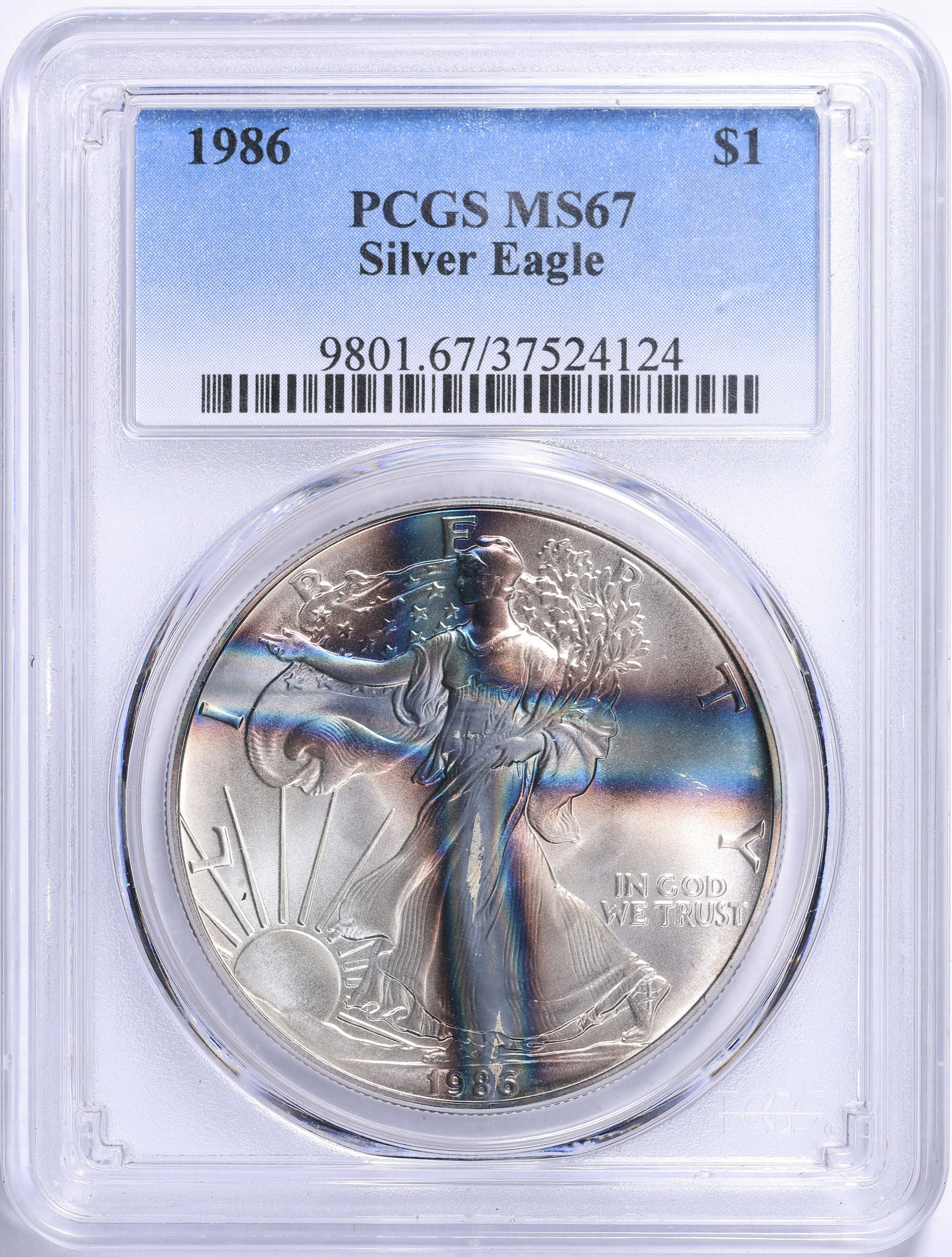 1986年 メキシコ リベルタッド銀貨 PCGS MS67 1オンス　高鑑定 1986 $1 Silver Eagle PCGS MS-67 (Toned) (Item 2101404