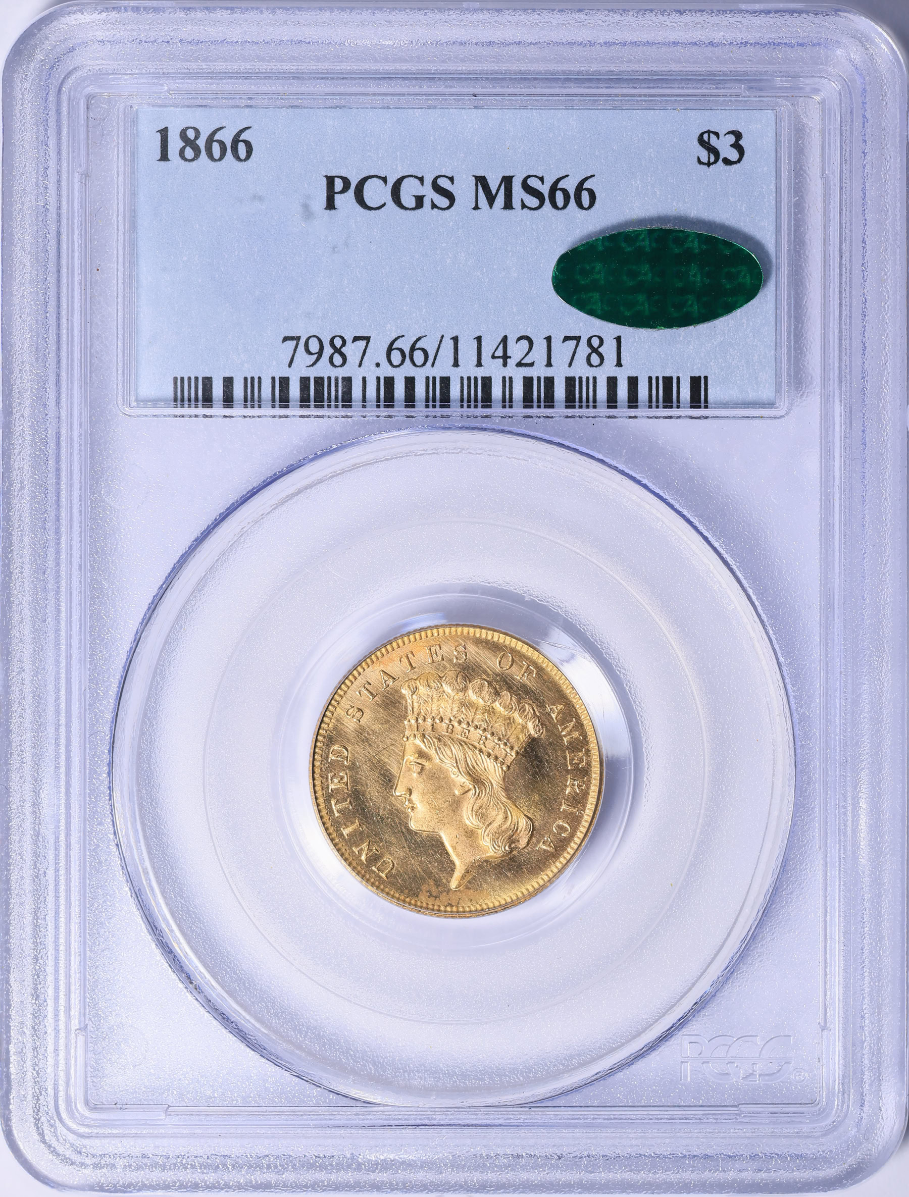 1866 Three-Dollar Gold Piece PCGS MS-66 (CAC Green) (Item 2101789