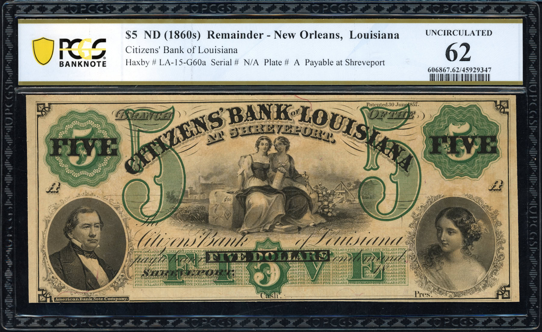 1860s Shreveport, Louisiana Citizens' Bank of Louisiana $5 Remainder ...