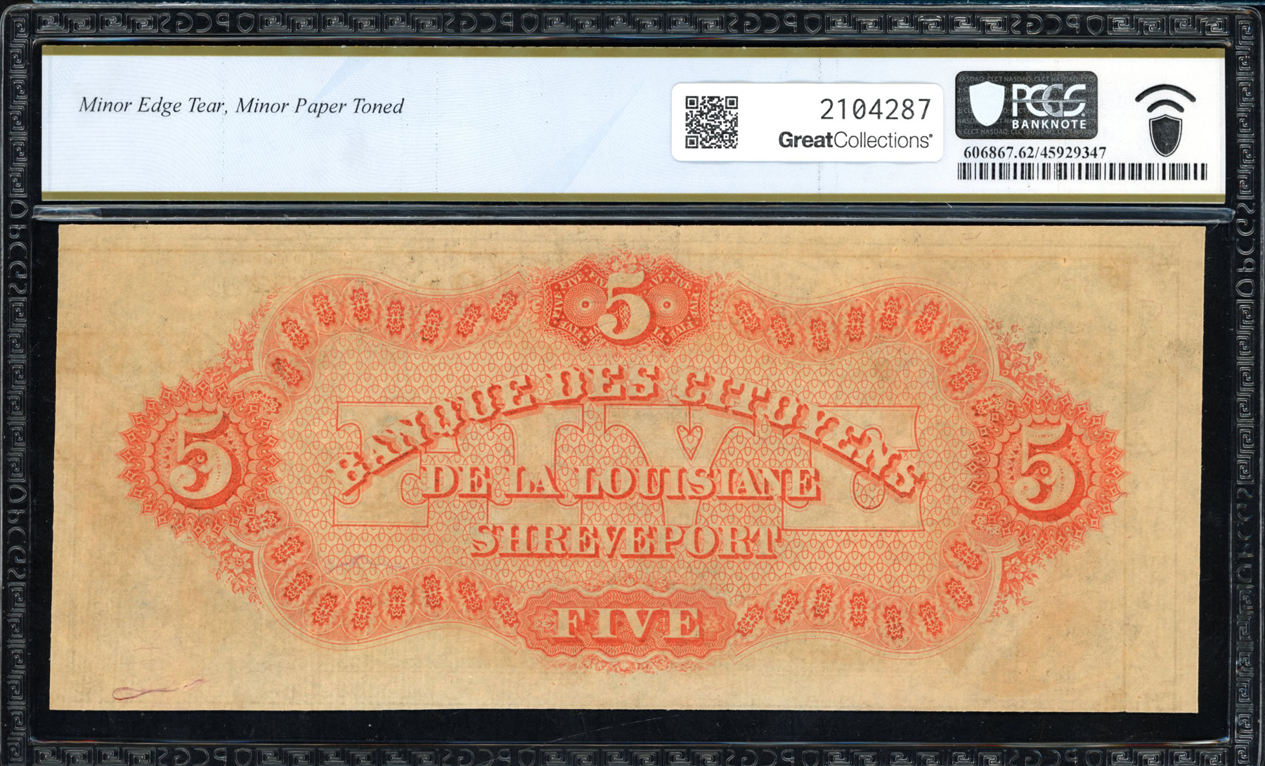 1860s Shreveport, Louisiana Citizens' Bank of Louisiana $5 Remainder ...