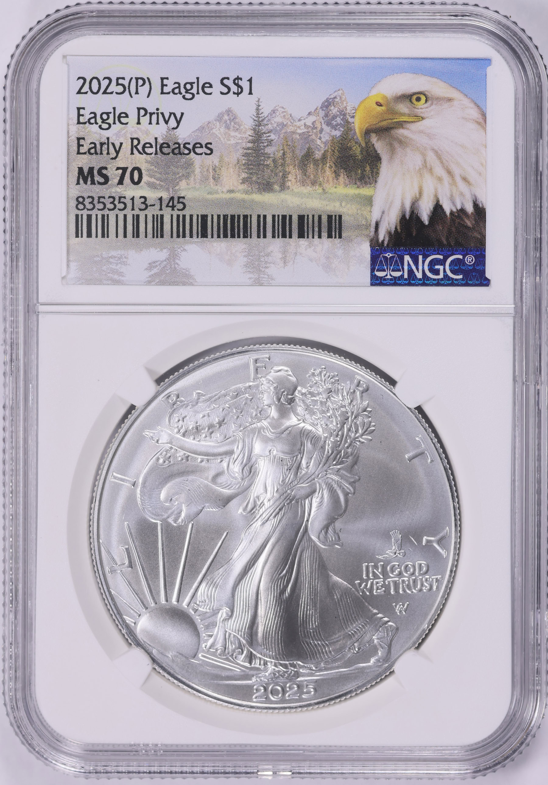 2025-(P) $1 Silver Eagle with Eagle Privy Early Releases NGC MS-70 ...