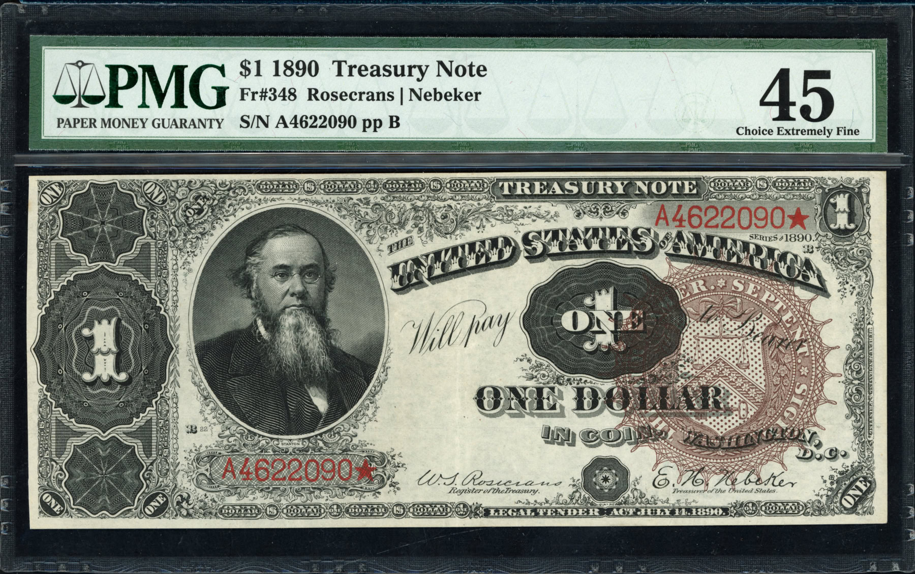 Fr. 348 1890 $1 Treasury Note Rosecrans / Nebeker PMG Extremely Fine 45 ...
