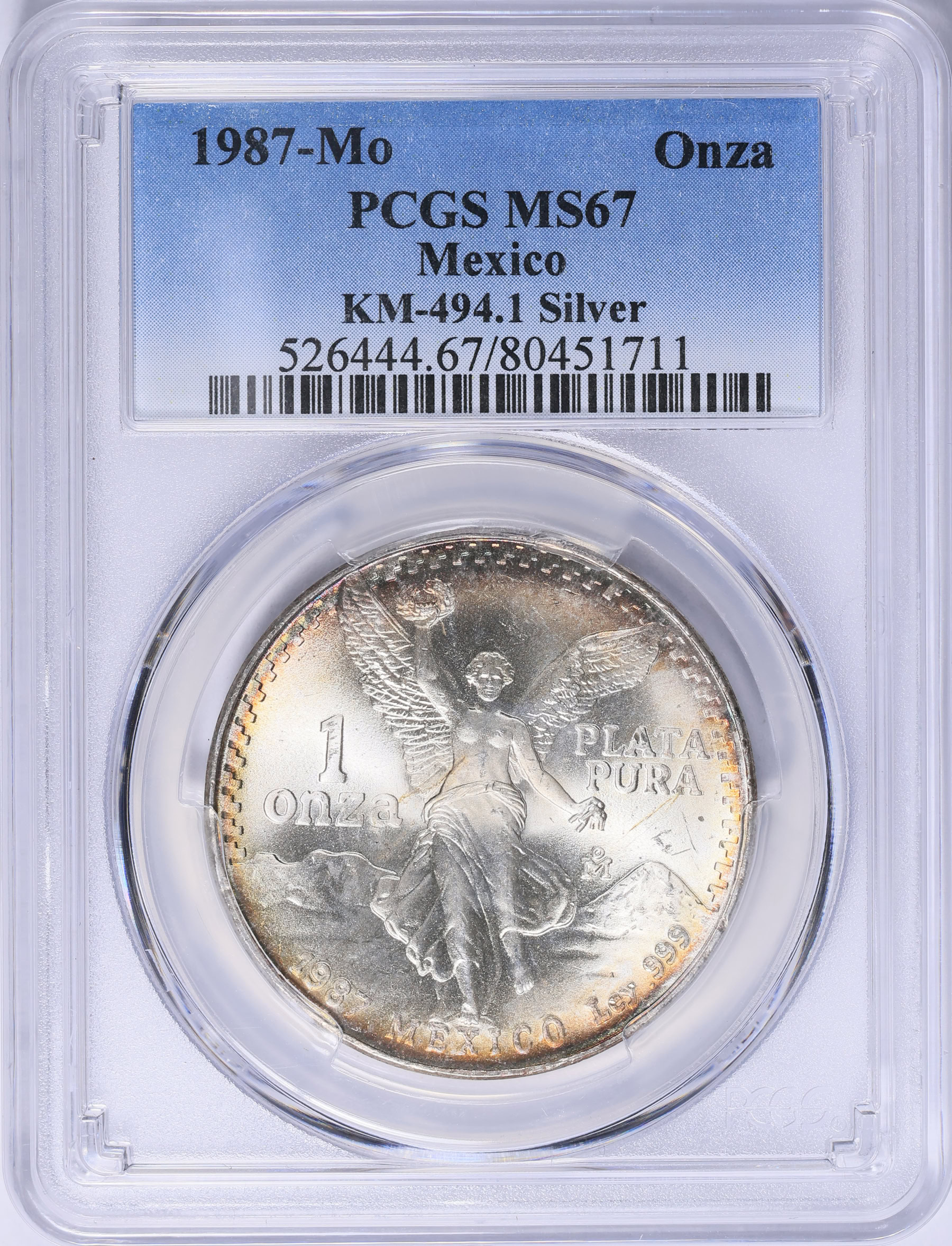 Mexico 1987-Mo Silver Onza Libertad KM-494.1 PCGS MS-67 (Toned