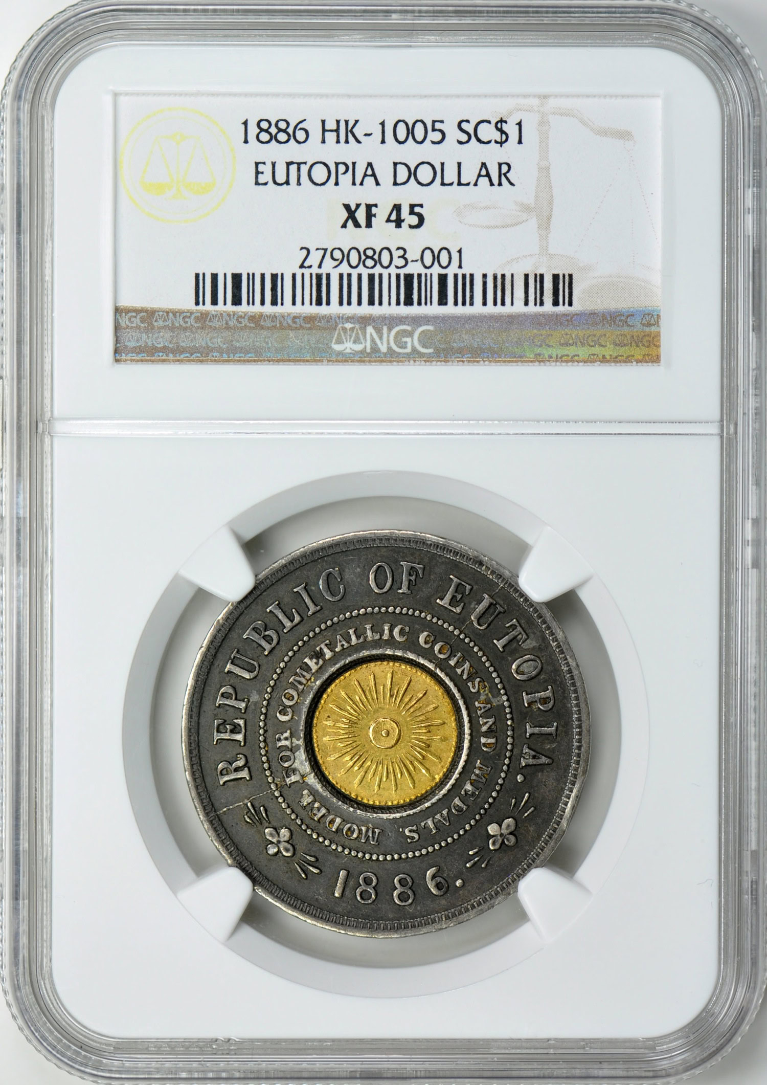 1886 HK-1005 SC$1 Eutopia Dollar Co-Metallic Silver and Gold NGC