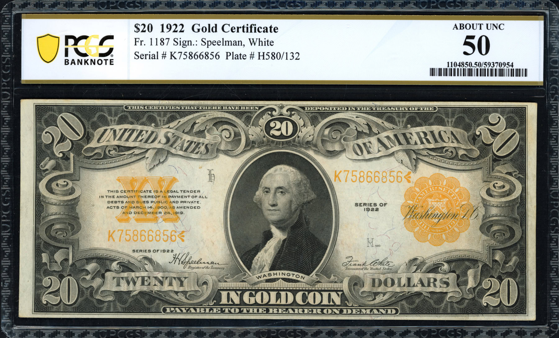 Fr. 1187 1922 $20 Gold Certificate Note Speelman / White PCGS Banknote ...
