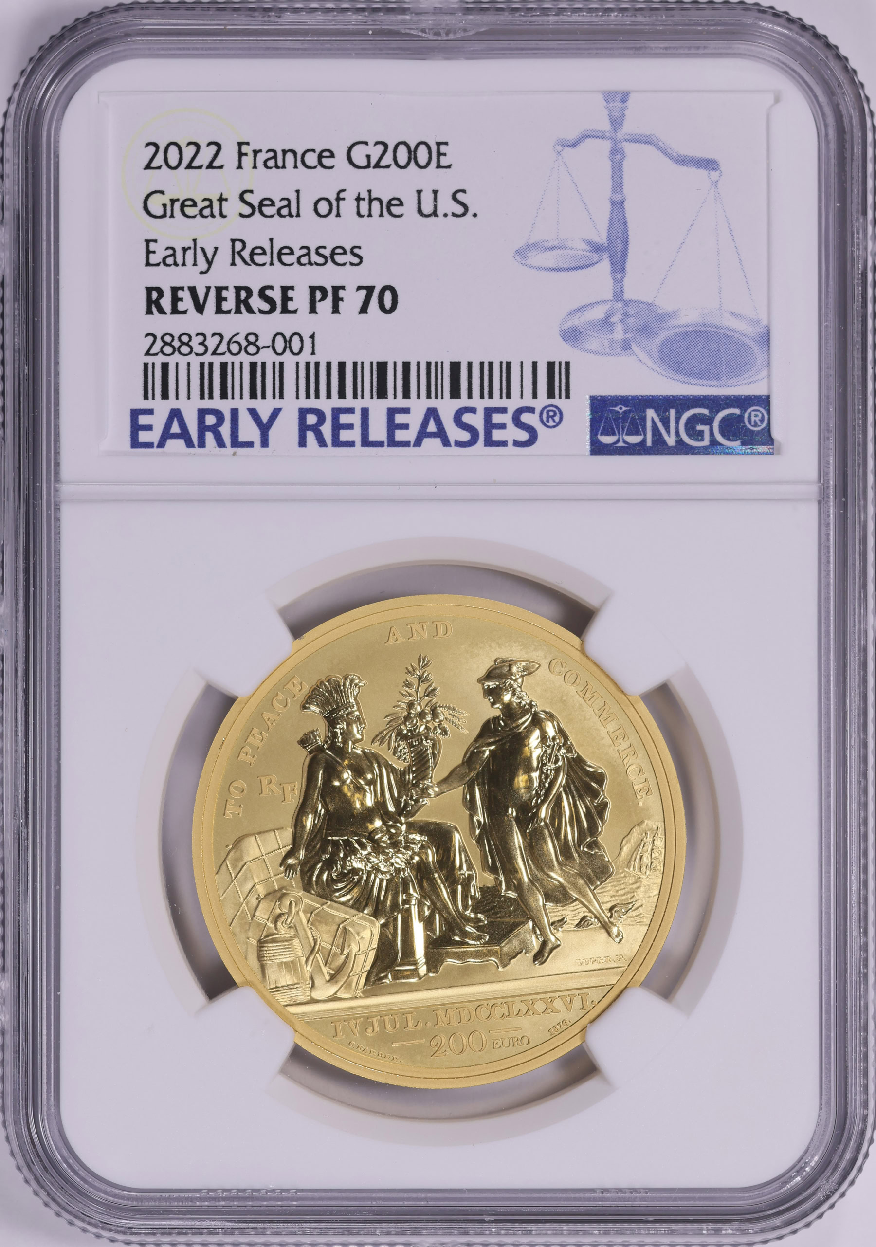 France 2022 Gold €200 Great Seal of the USA Reverse Proof KM-3117