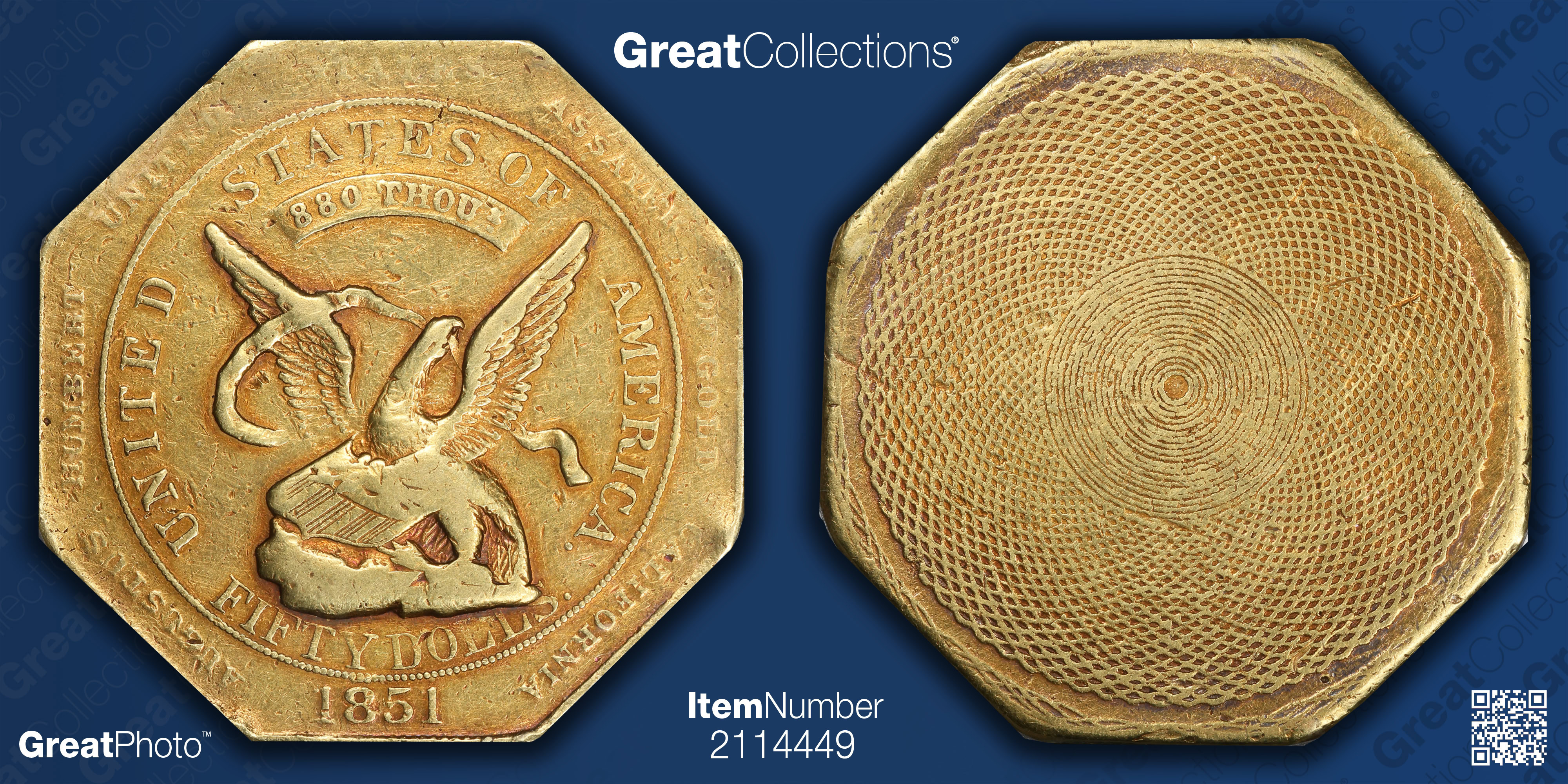 1851 California Gold $50 U.S. Gold Assay Office Augustus Humbert