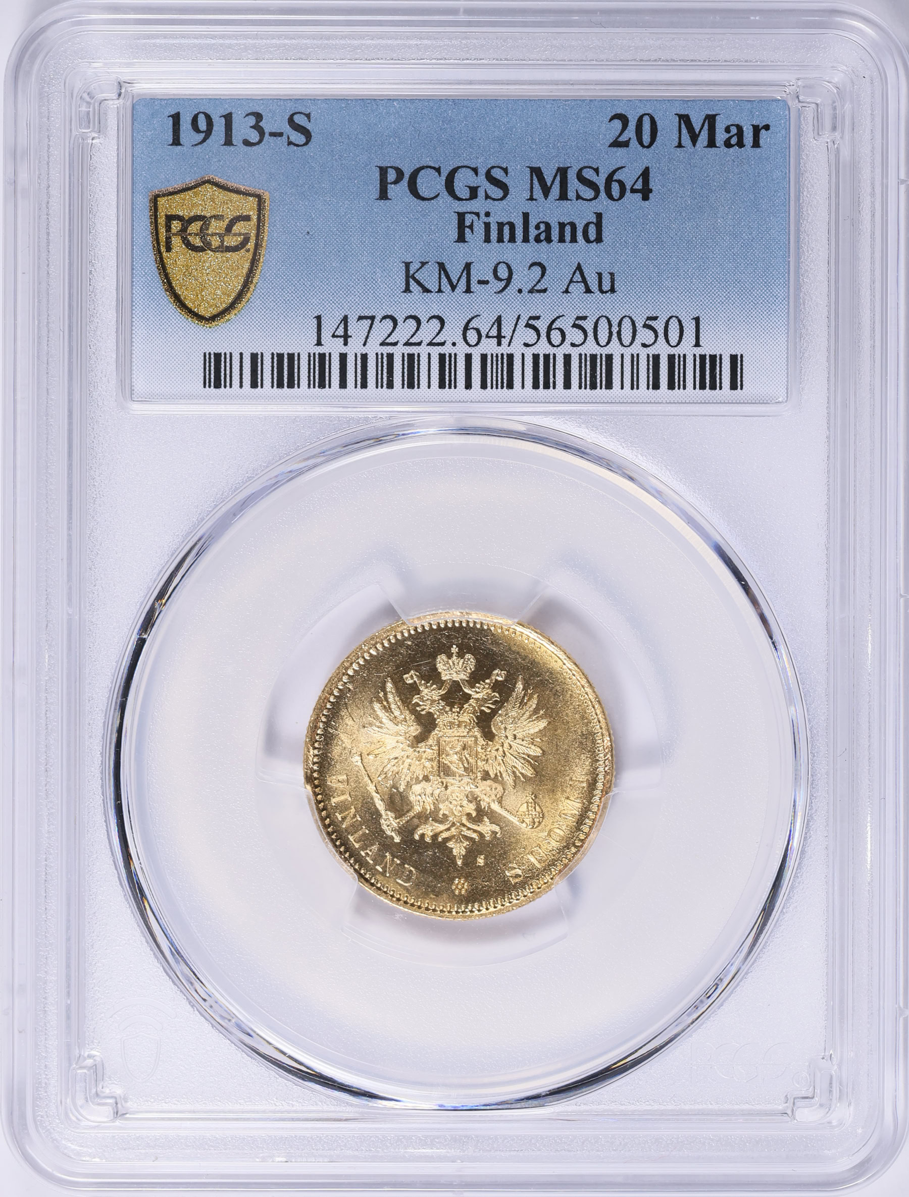 Finland 1913-S Gold 20 Markka KM-9.2 PCGS MS-64 (AGW = 0.1867 oz