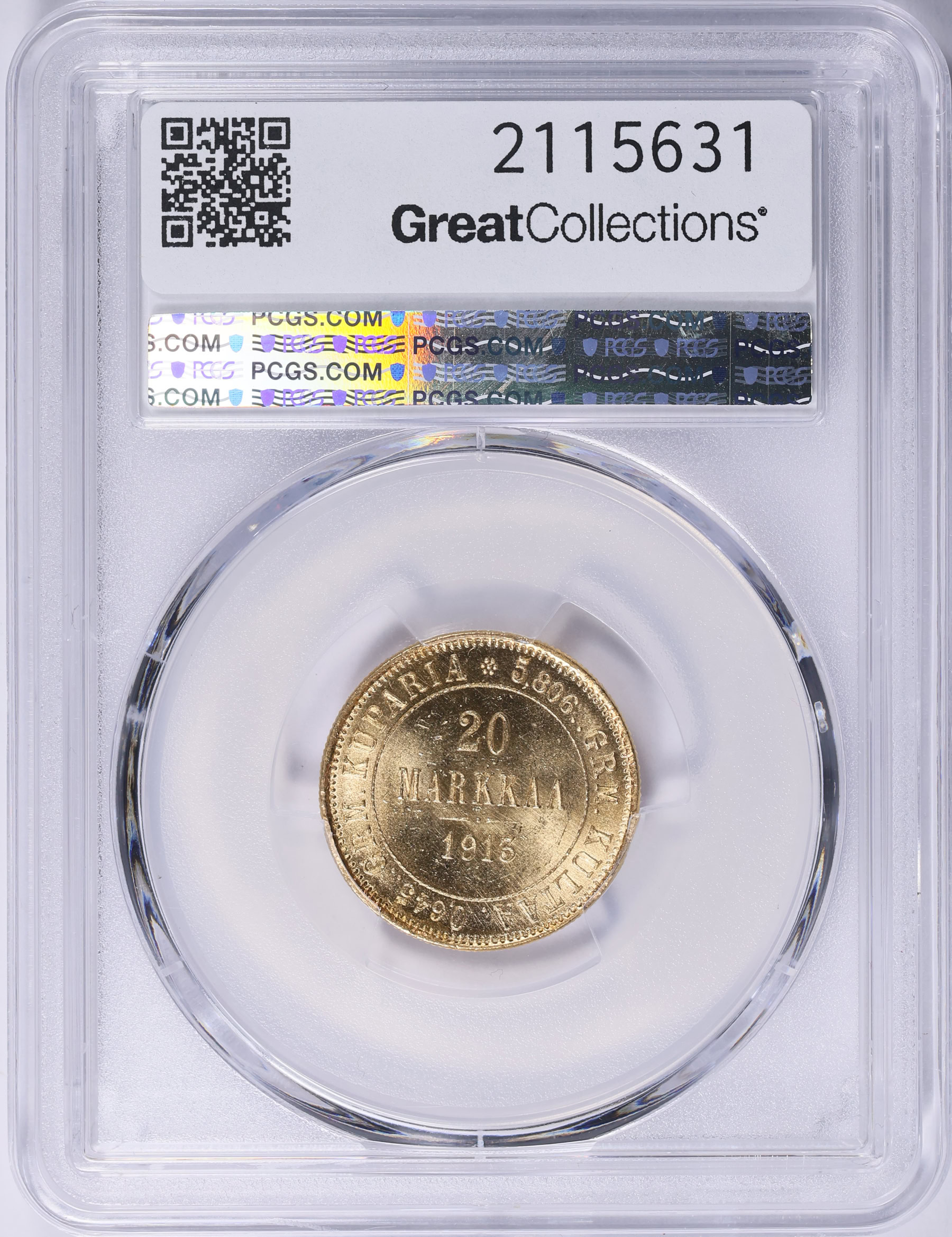 Finland 1913-S Gold 20 Markka KM-9.2 PCGS MS-64 (AGW = 0.1867 oz
