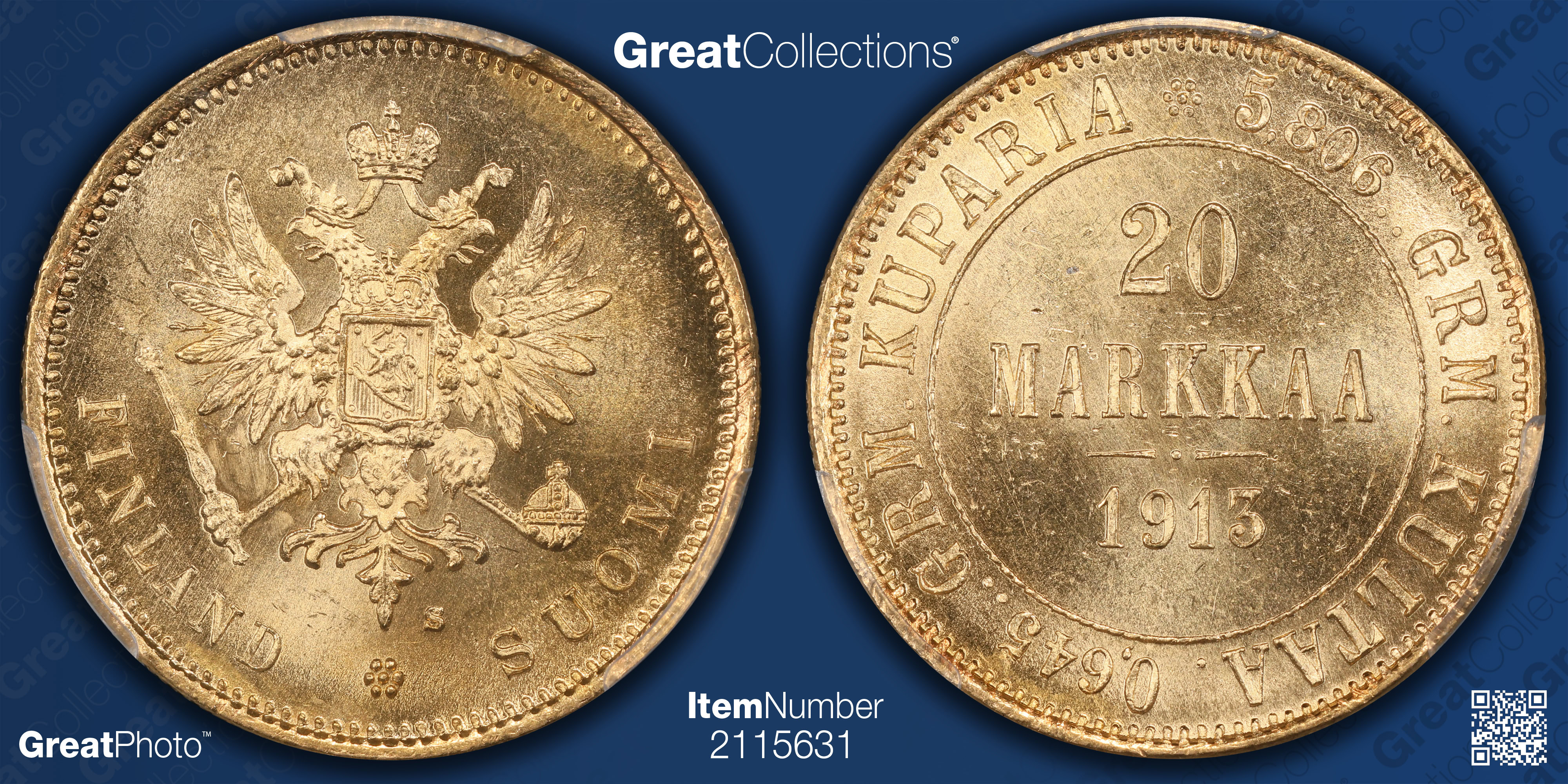 Finland 1913-S Gold 20 Markka KM-9.2 PCGS MS-64 (AGW = 0.1867 oz