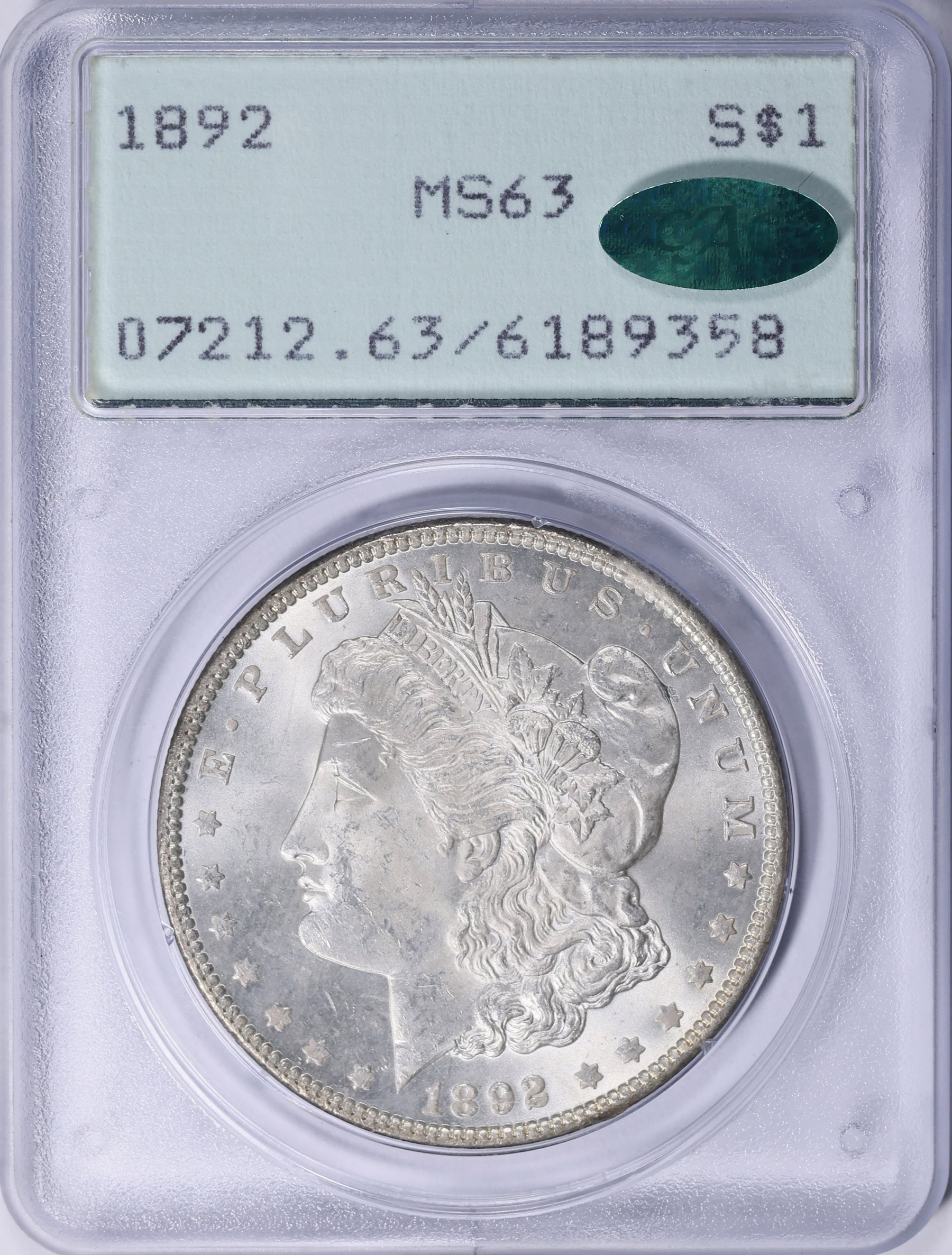 1892 Morgan Silver Dollar PCGS MS-63 (CAC Green) OGH (1st Gen) (Item ...