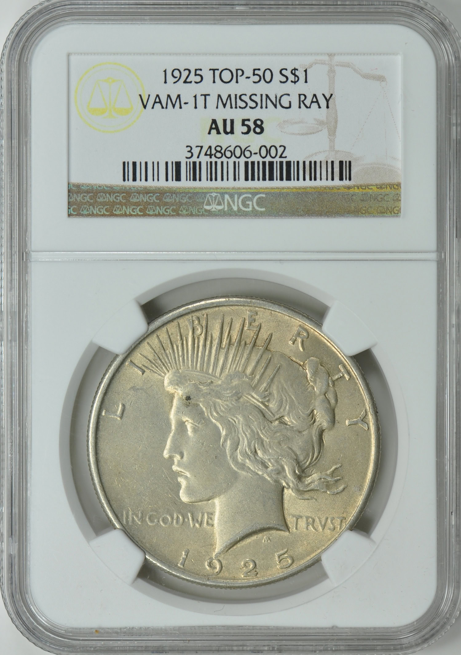 1925 Peace Silver Dollar VAM-1T Missing Ray Top 50 NGC AU-58 (Item