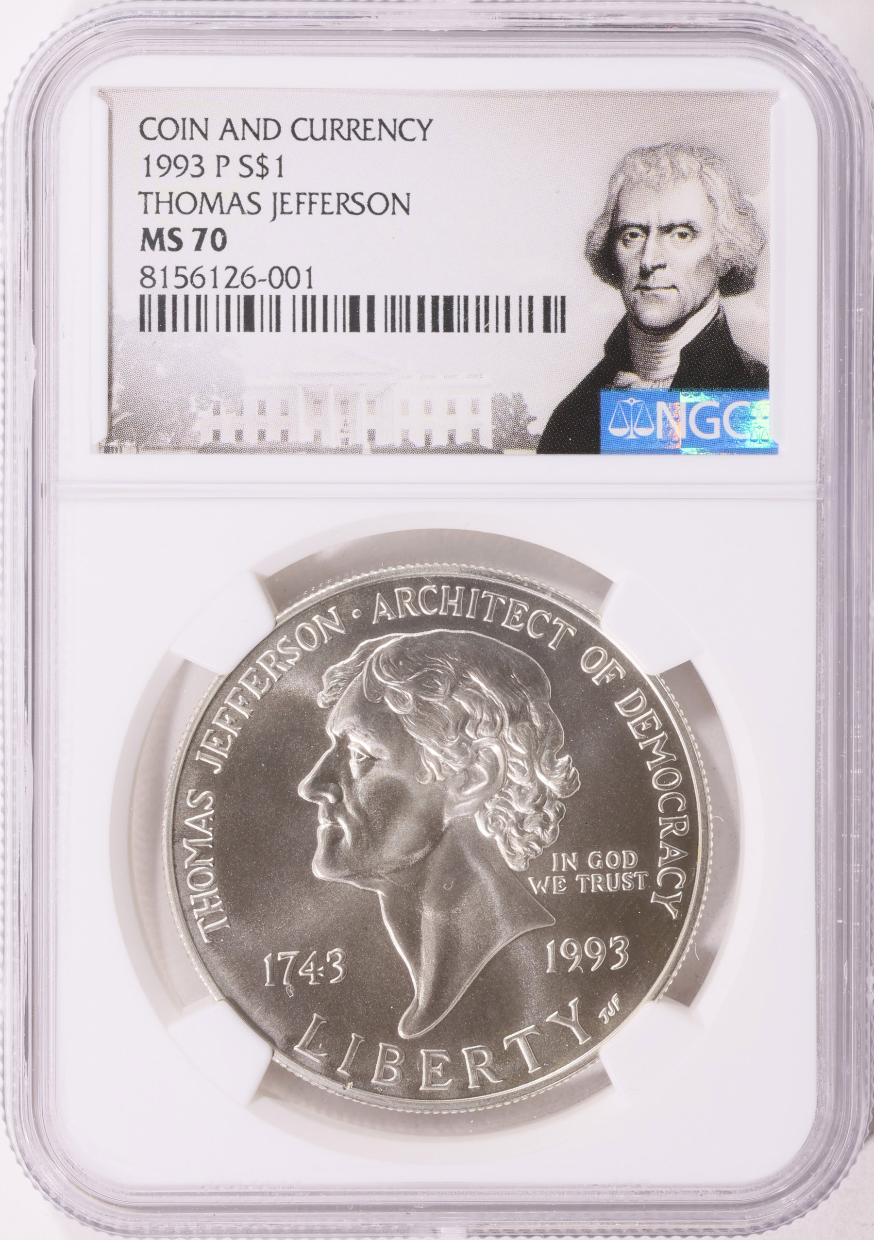 Billlie TCSAU CT MS 当選 TSUKI ポスカ 1993-P Thomas Jefferson Silver Dollar NGC MS-70 (Item 2119773