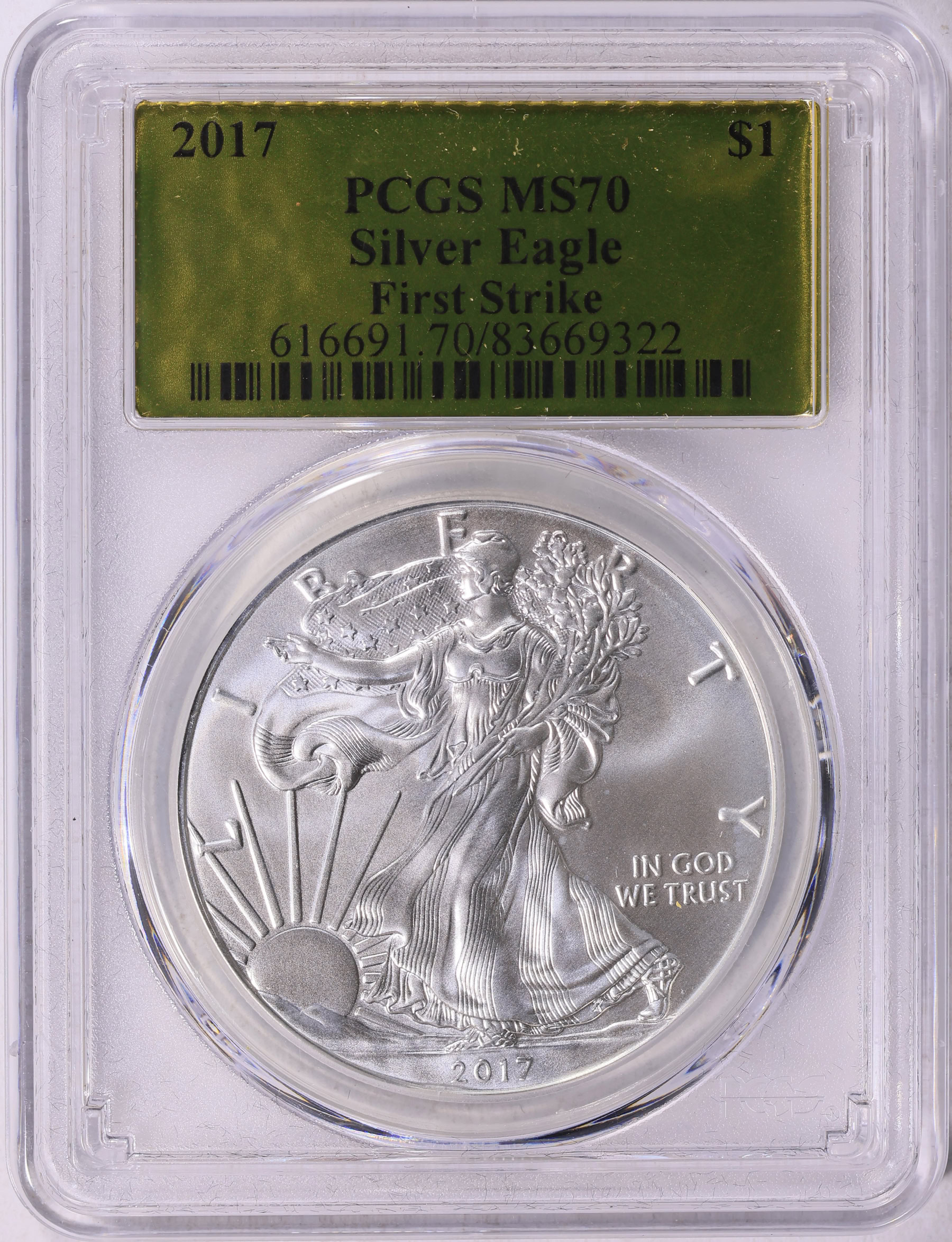 2017 $1 Silver Eagle First Strike PCGS MS-70 (Gold Foil Label