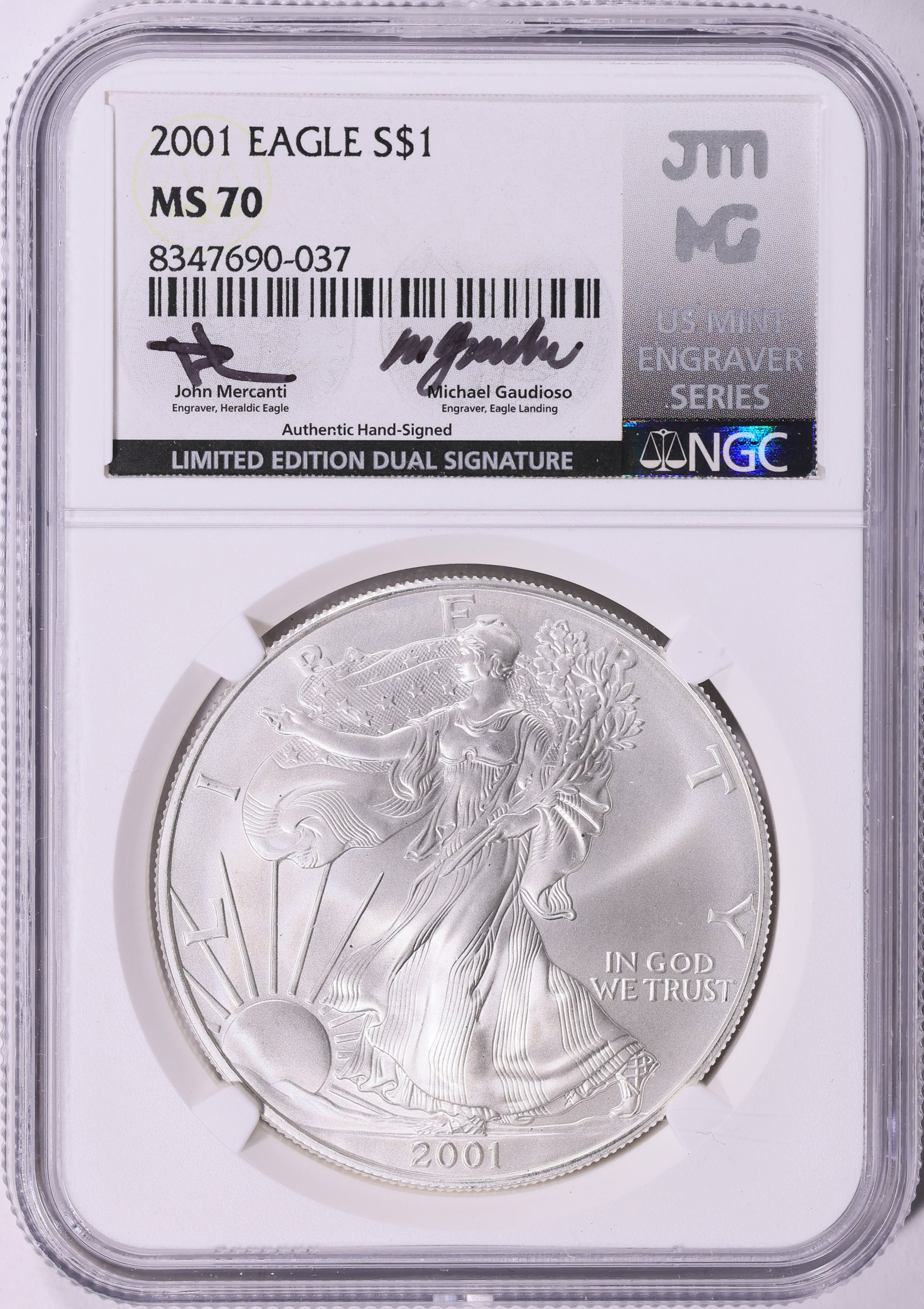 2001 $1 Silver Eagle NGC MS-70 (Limited Edition Dual Signature