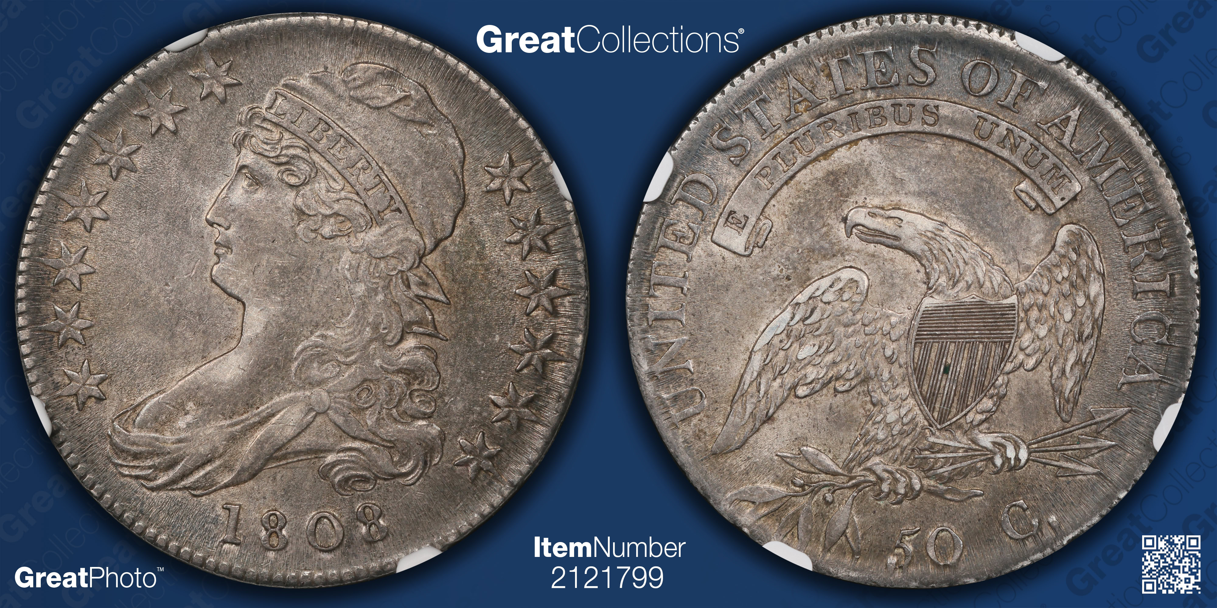 カ*ー様 一分銀貨　天保 NGC AU 55鑑定済(準未使用品)※商品説明必読※ 1808 Capped Bust Half Dollar NGC AU-55 (CAC Green) (Item 2121799