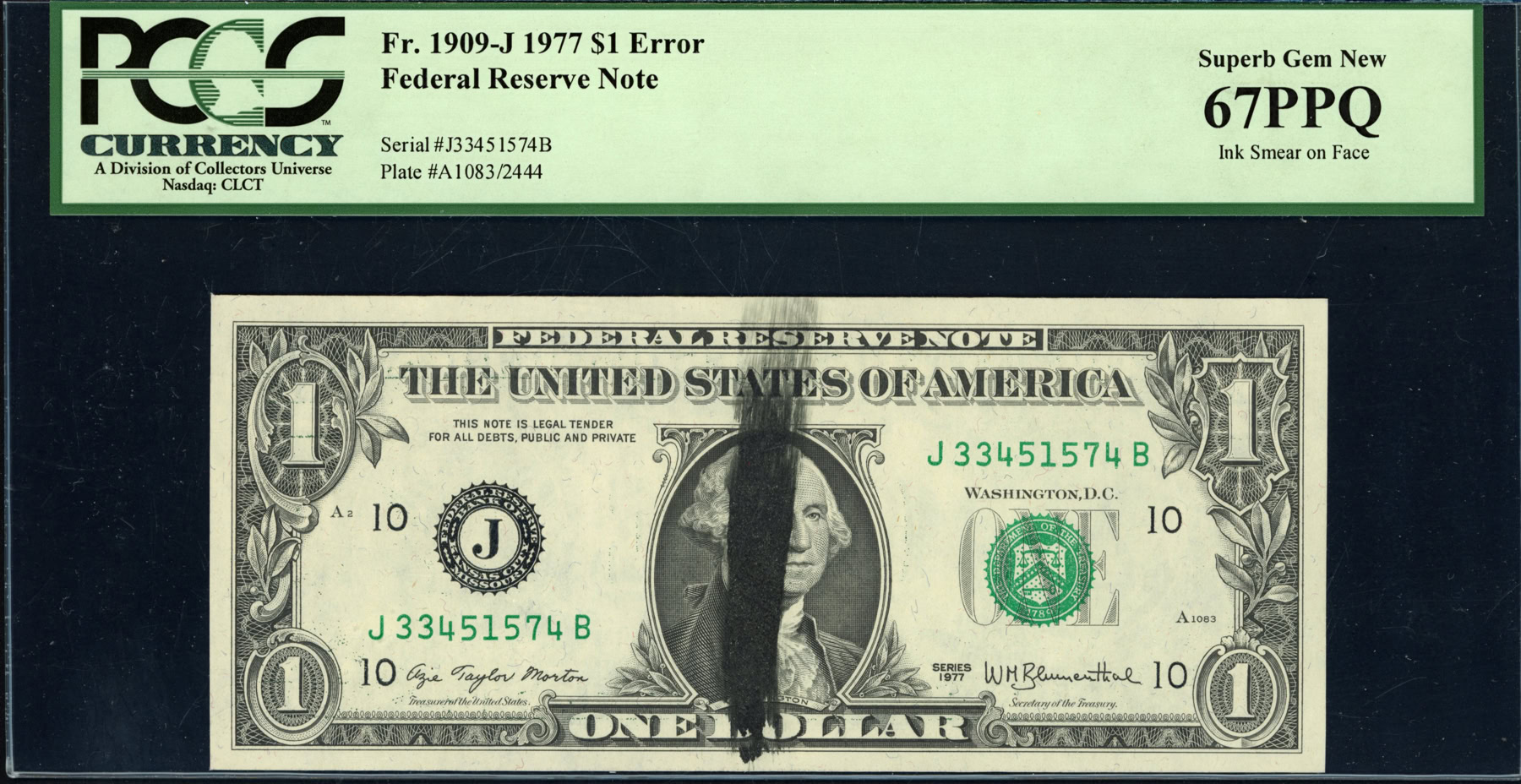Fr. 1909-J (JB Block) 1977 $1 Kansas City Federal Reserve Error Note ...