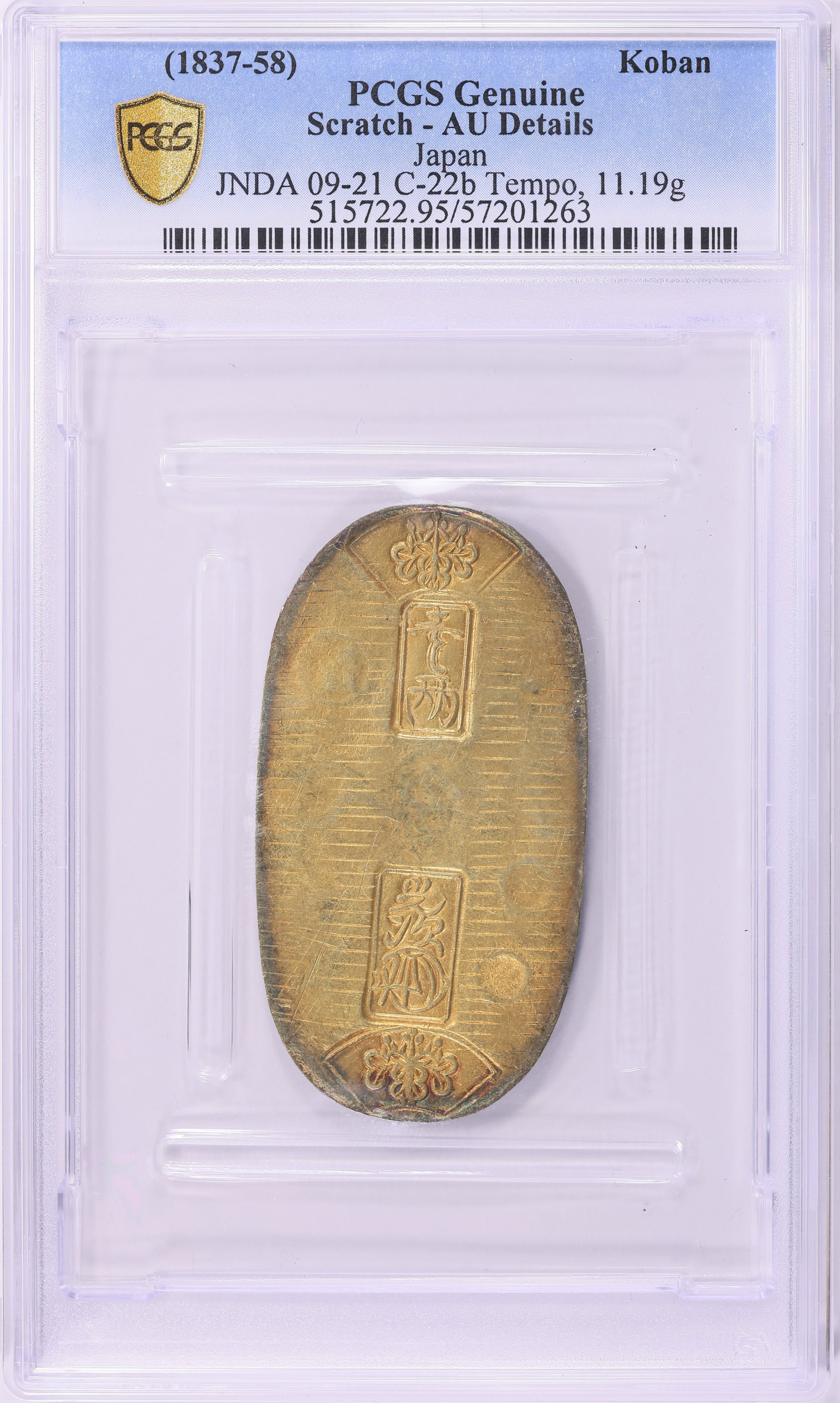 Japanese Gold Ryo Japan Tempo Era (1837-58) Gold Koban (1 Ryo) C-22b PCGS Genuine AU ...
