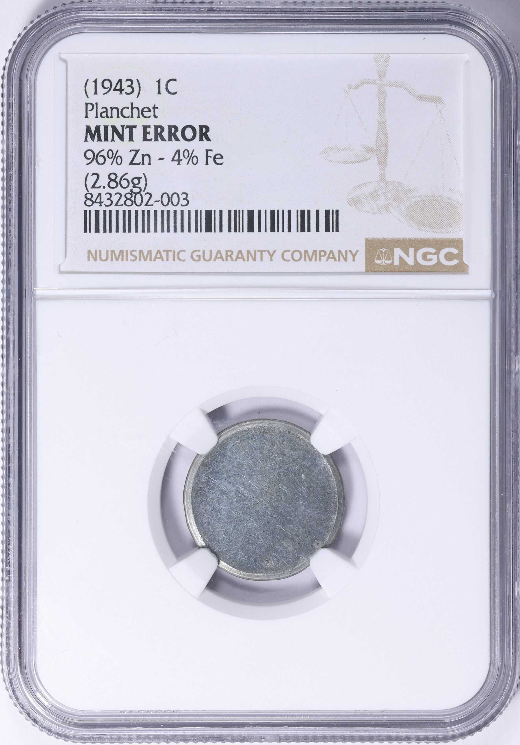 Mint Error ND (1943) Lincoln Cent Planchet 96% Zinc, 4% Iron NGC