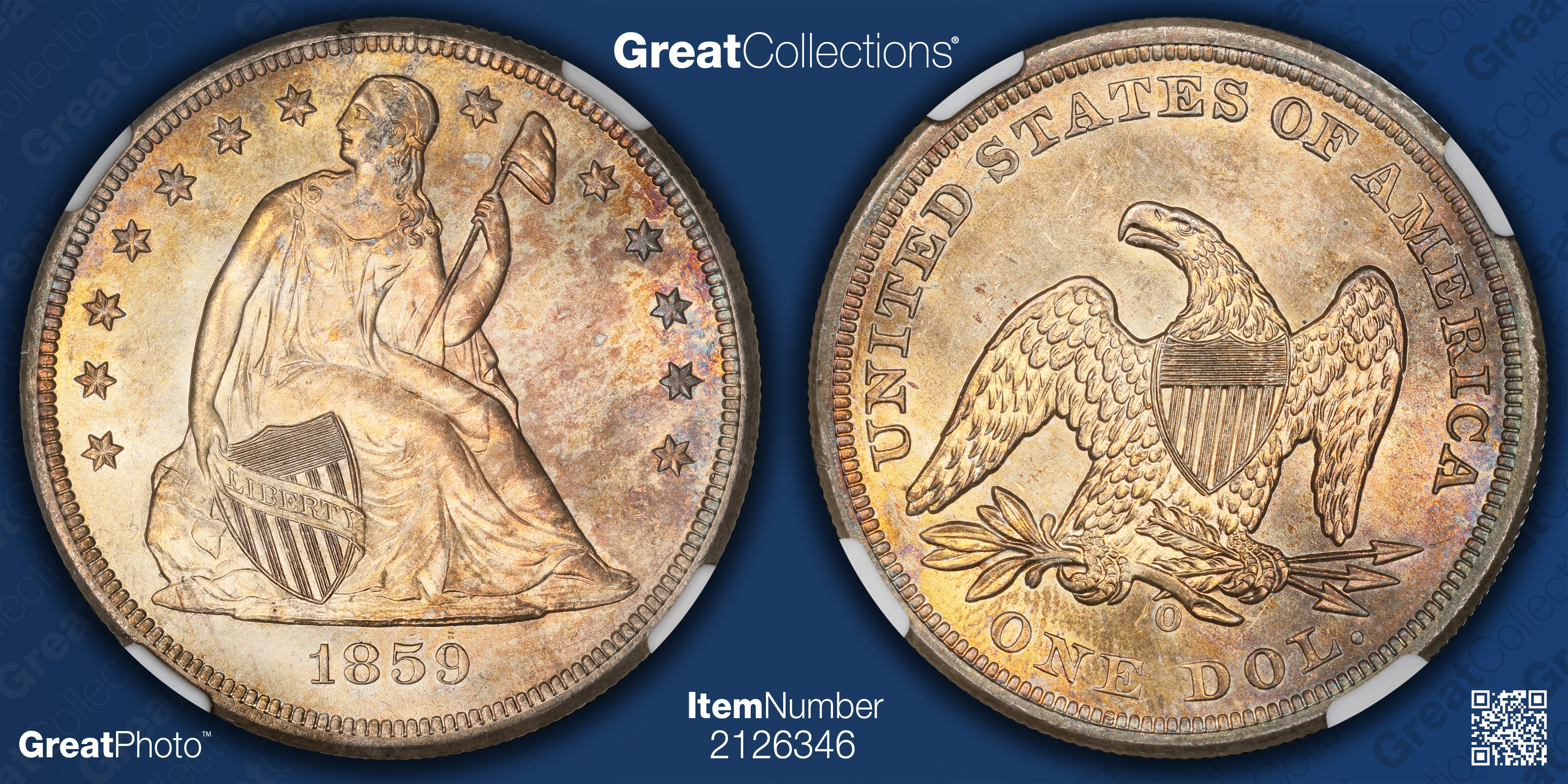 1859-O Seated Liberty Silver Dollar NGC MS-64 (Toned) (Item