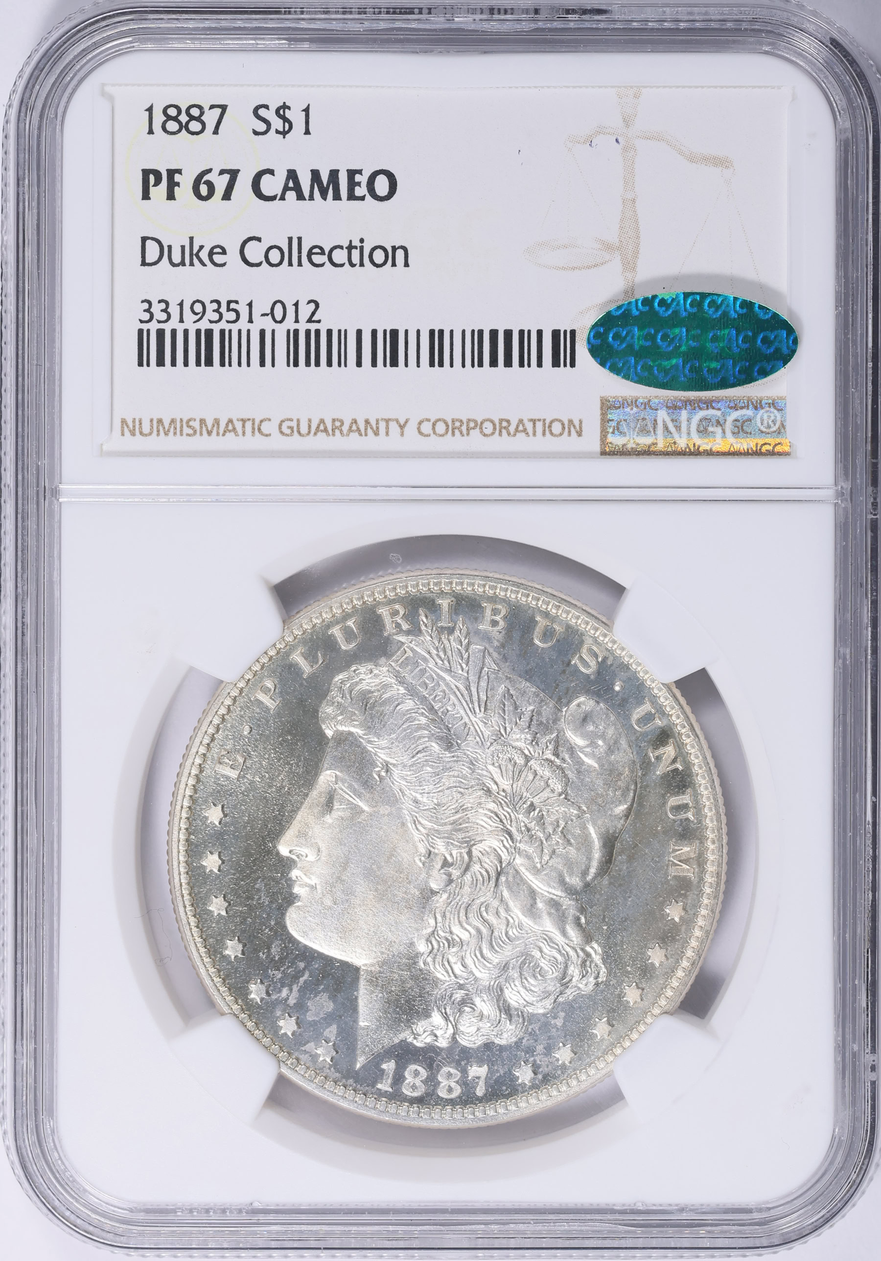 Collection 67 1887 Morgan Silver Dollar NGC Proof-67 CAMEO (CAC Green) (Duke ...