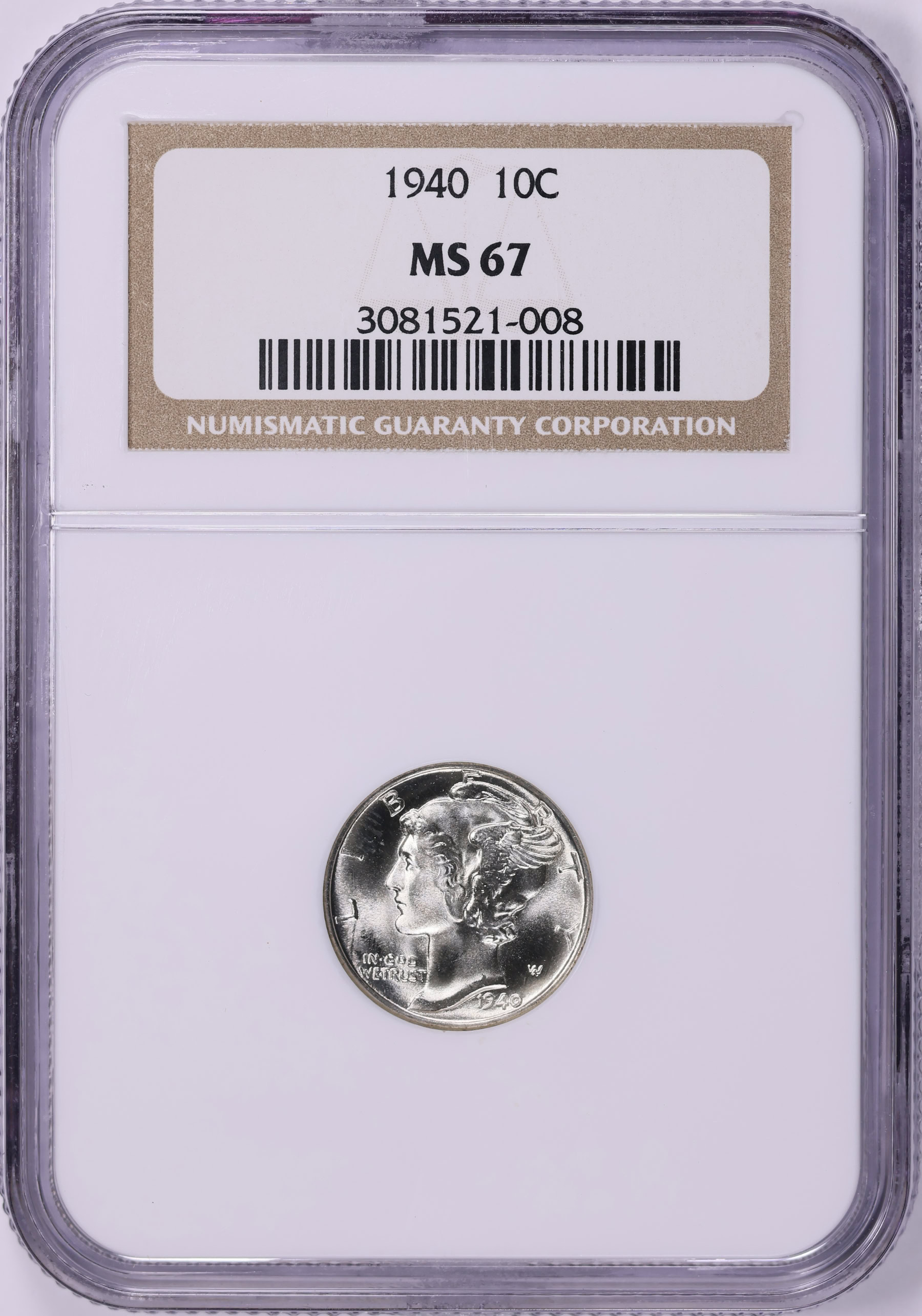 1940 マーキュリーダイム 10セント銀貨 MS66 NGC 公式鑑定 1940 Mercury Dime NGC MS-67 (Item 2129059) | GreatCollections Coin