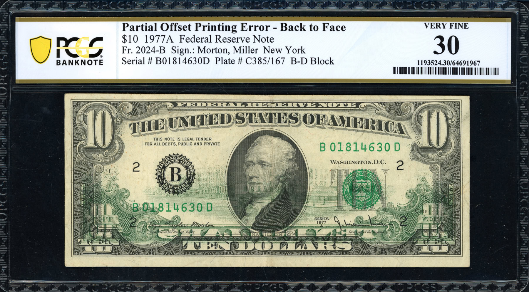Off Set Error Banknote Fr. 2024-B (BD Block) 1977A $10 New York Federal Reserve Error Note ...