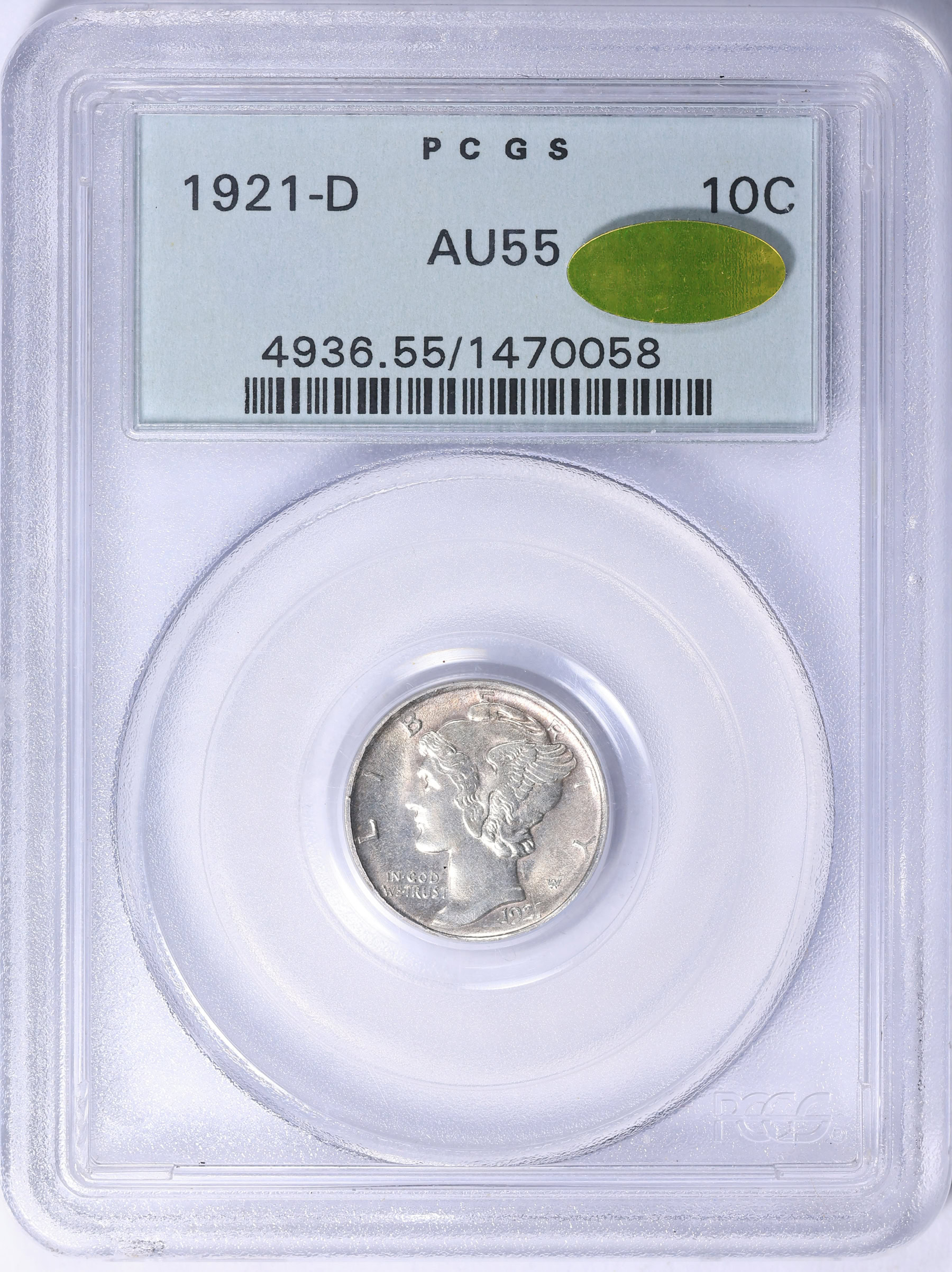 1921-D Mercury Dime PCGS AU-55 (CAC Gold) OGH (Item 2134311