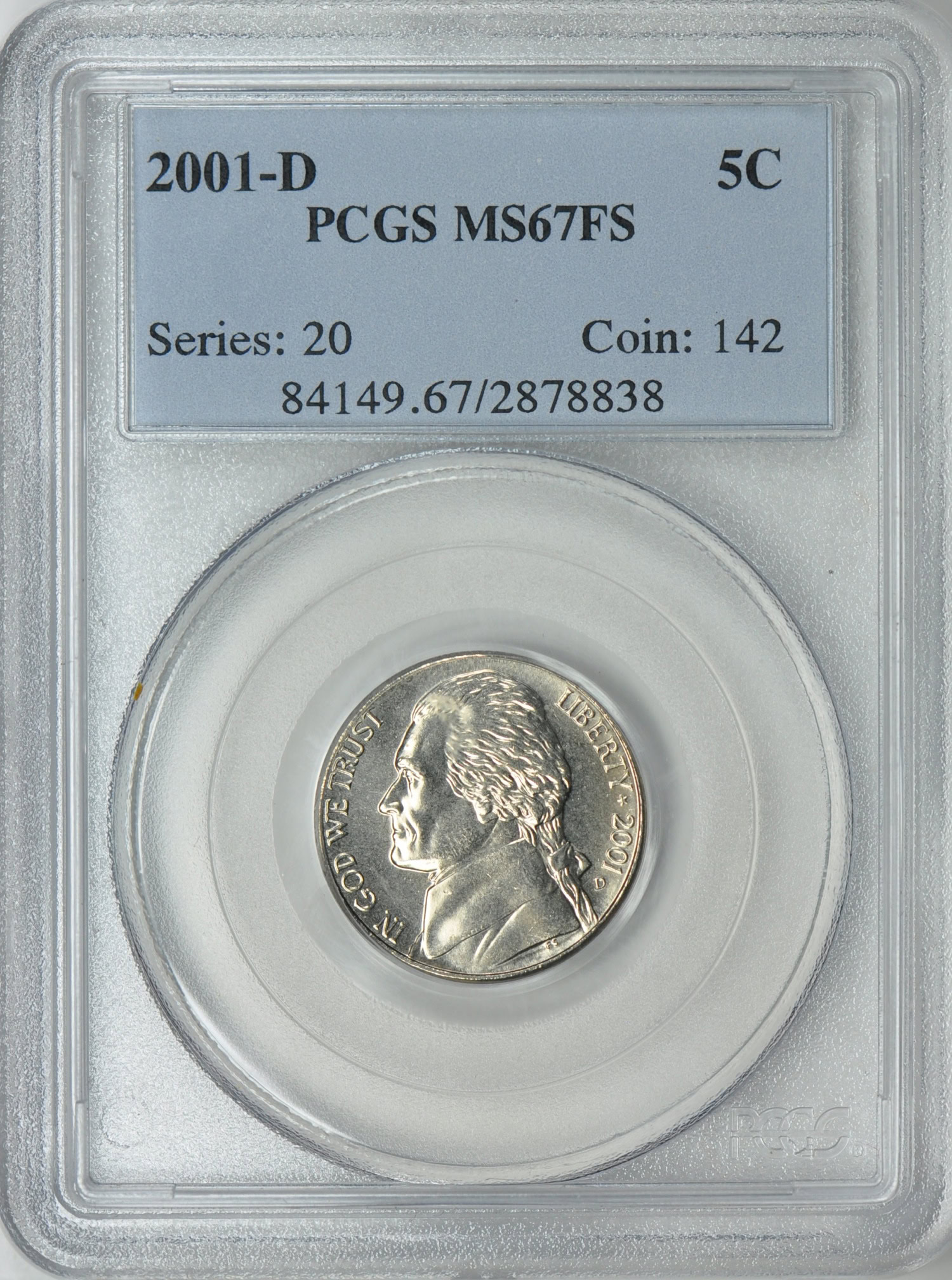 2001-D Jefferson Nickel PCGS MS-67 FS (Item 213483