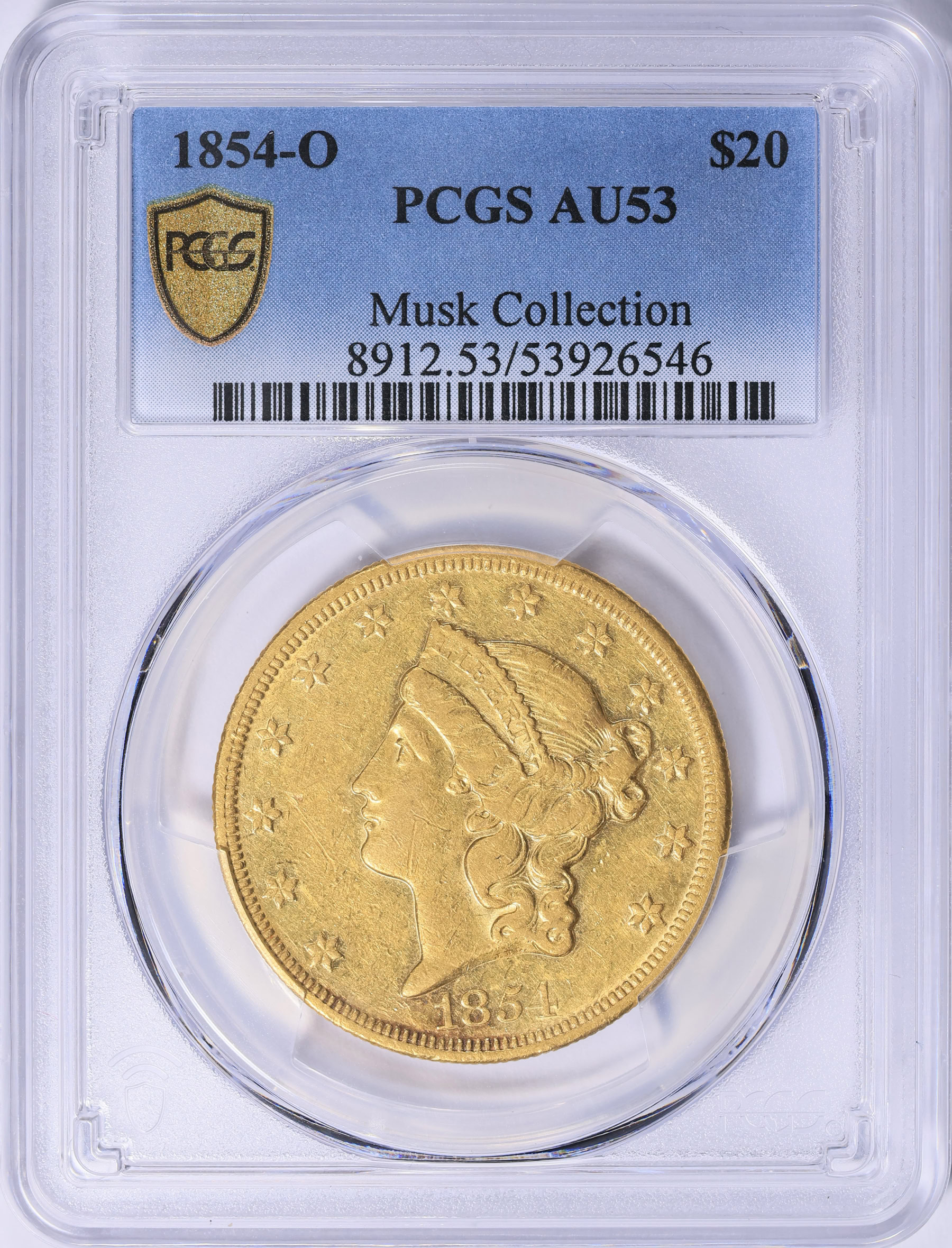 1854-O Liberty Gold Double Eagle PCGS AU-53 (Musk Collection