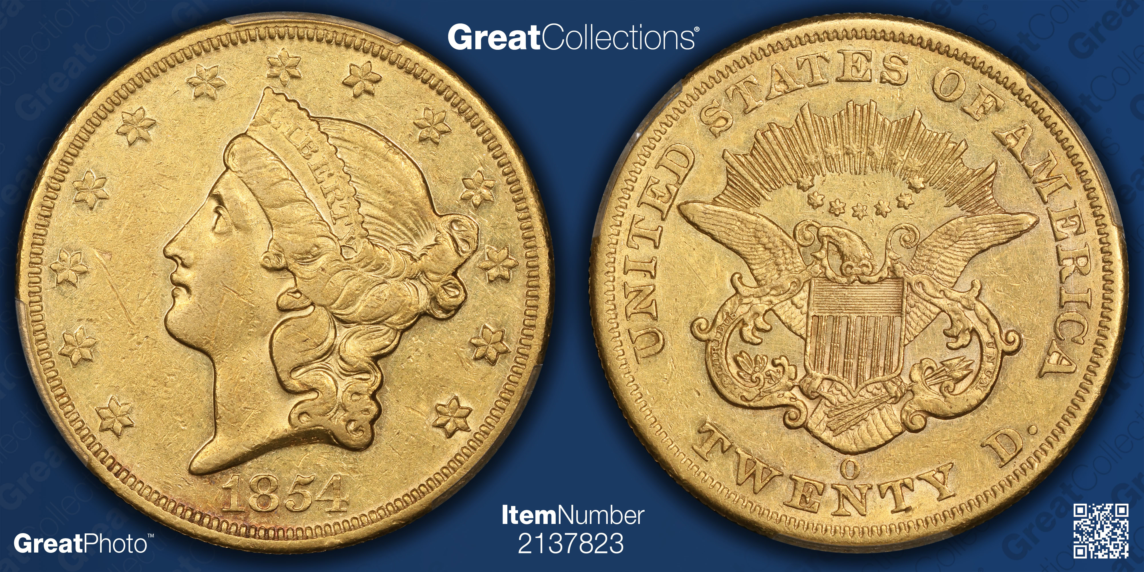 1854-O Liberty Gold Double Eagle PCGS AU-53 (Musk Collection