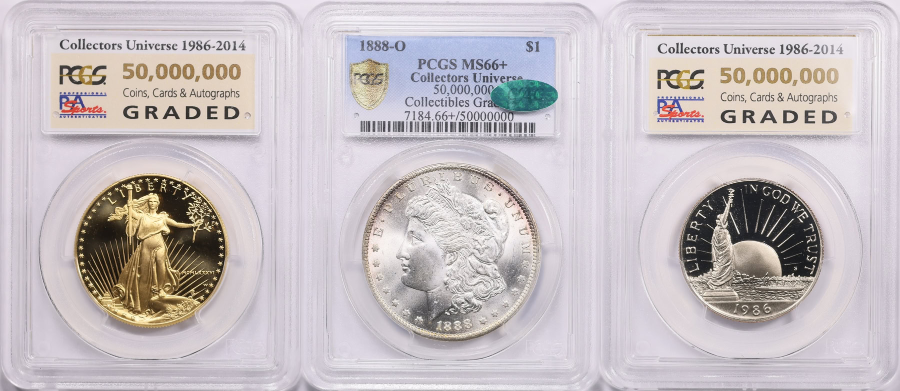 1888-O Morgan Silver Dollar PCGS MS-66+ (CAC Green), 1986 $50 One