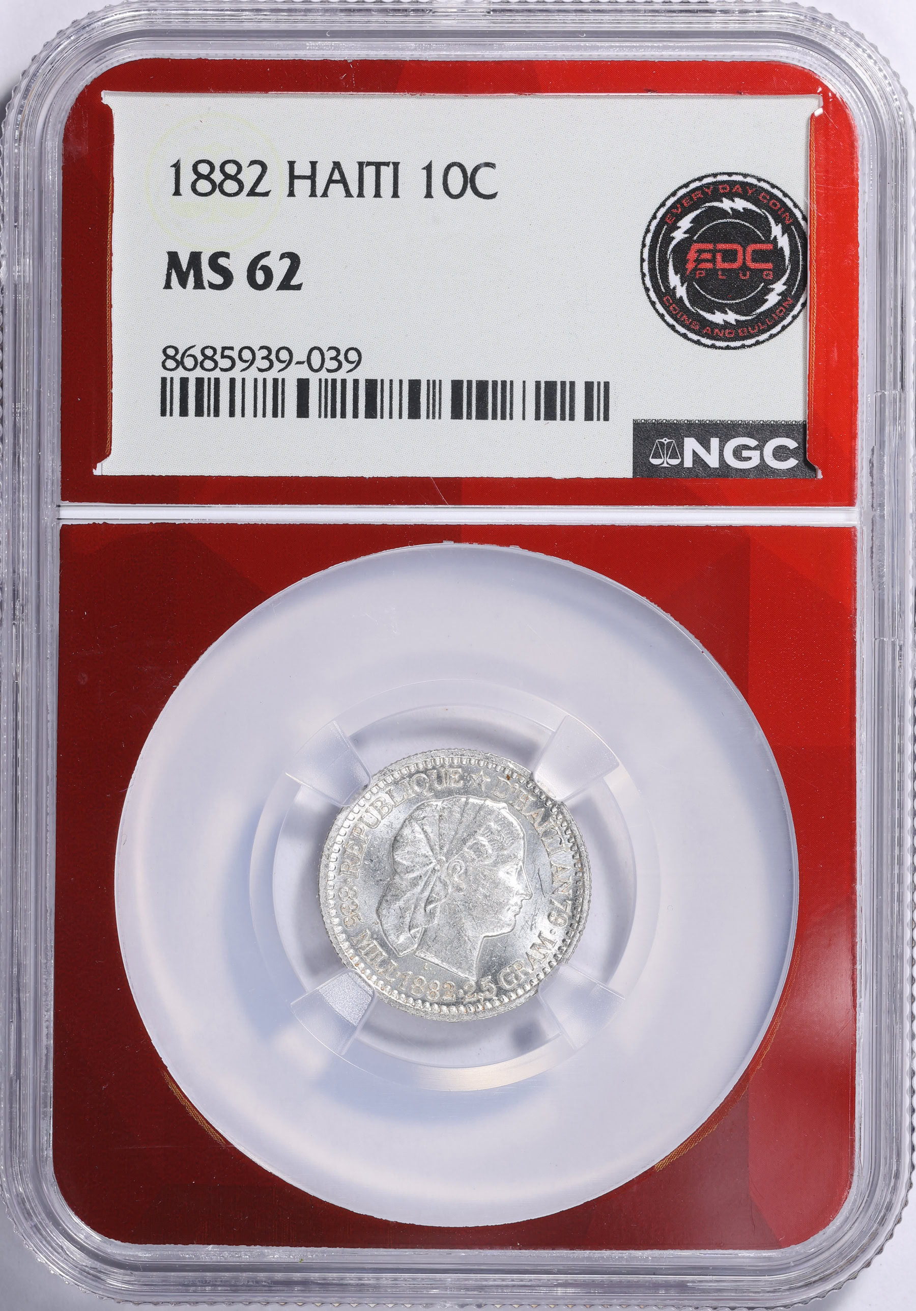 ハイチ　1882 Haiti 1882 Silver 10 Centimes KM-44 NGC MS-62 (EDC Red Core) (Item