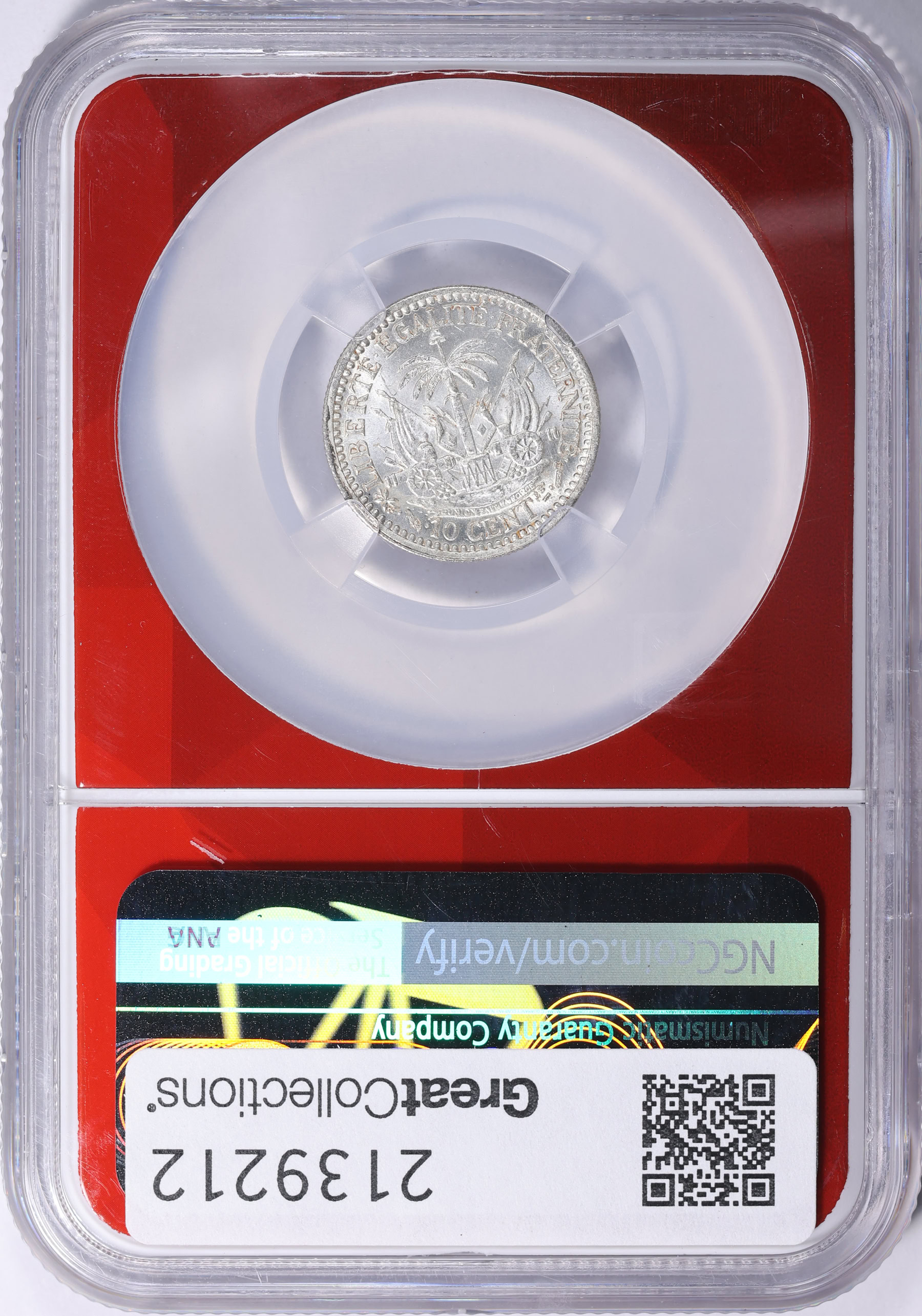 Haiti 1882 Silver 10 Centimes KM-44 NGC MS-62 (EDC Red Core) (Item