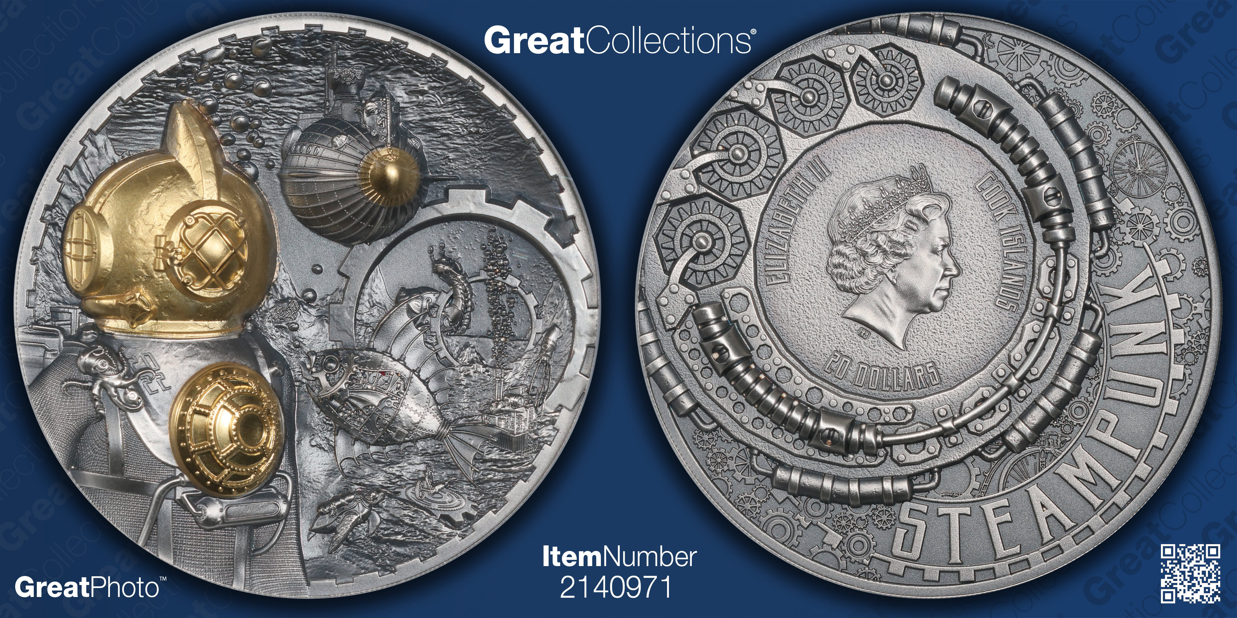 Cook Islands 2022 Gilt Silver $20 Steampunk Nautilus Antique