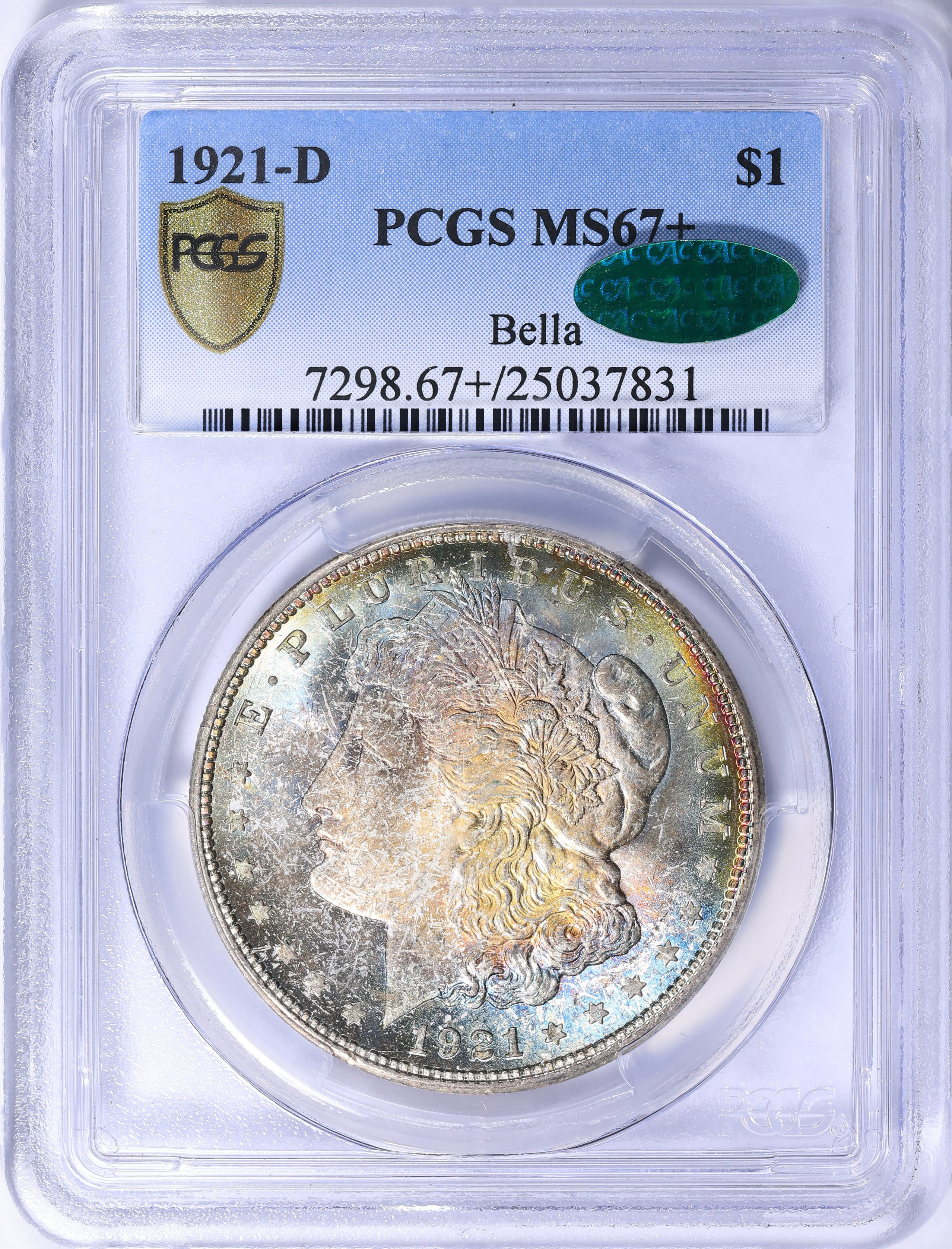 コレクション PCGS MS67 1921-D Morgan Silver Dollar PCGS MS-67+ (CAC Green) (Toned) (Bella