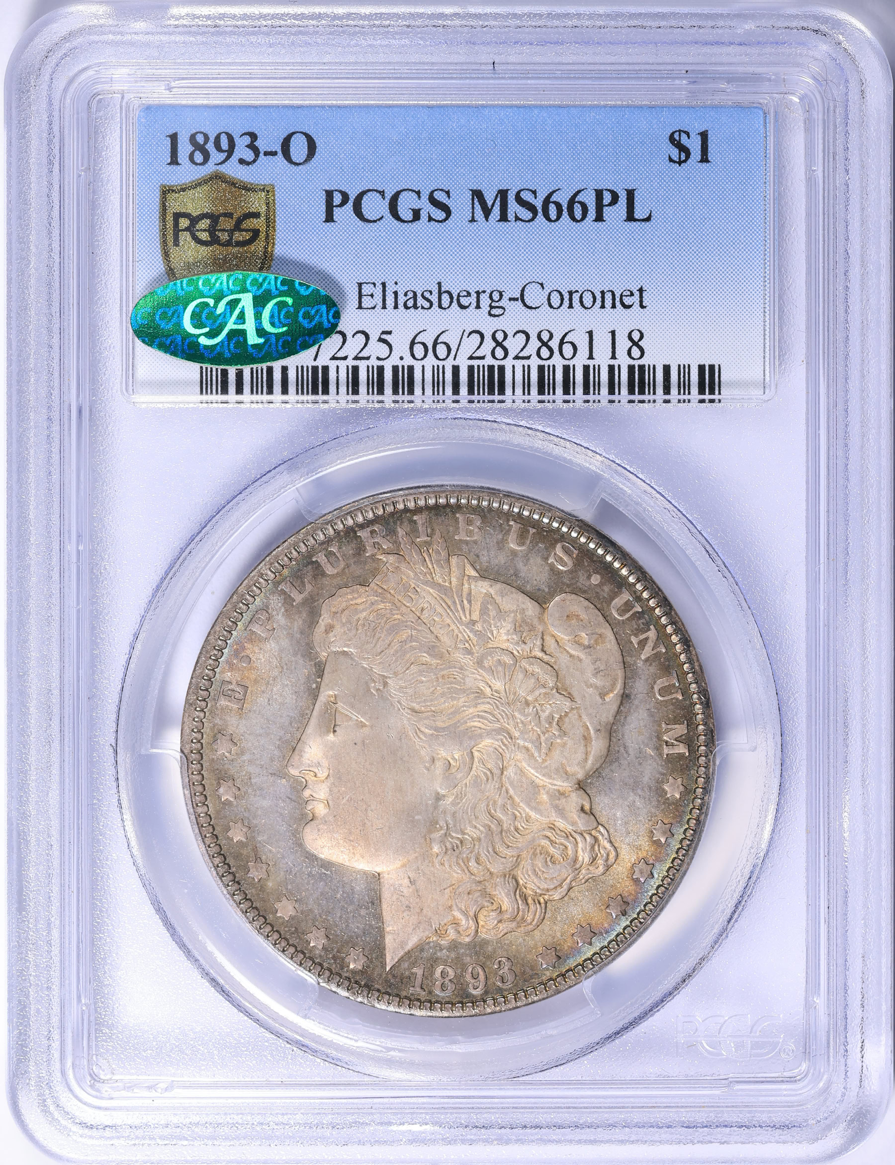 1893-O Morgan Silver Dollar PCGS MS-66 PL (CAC Green) (Toned) (Ex
