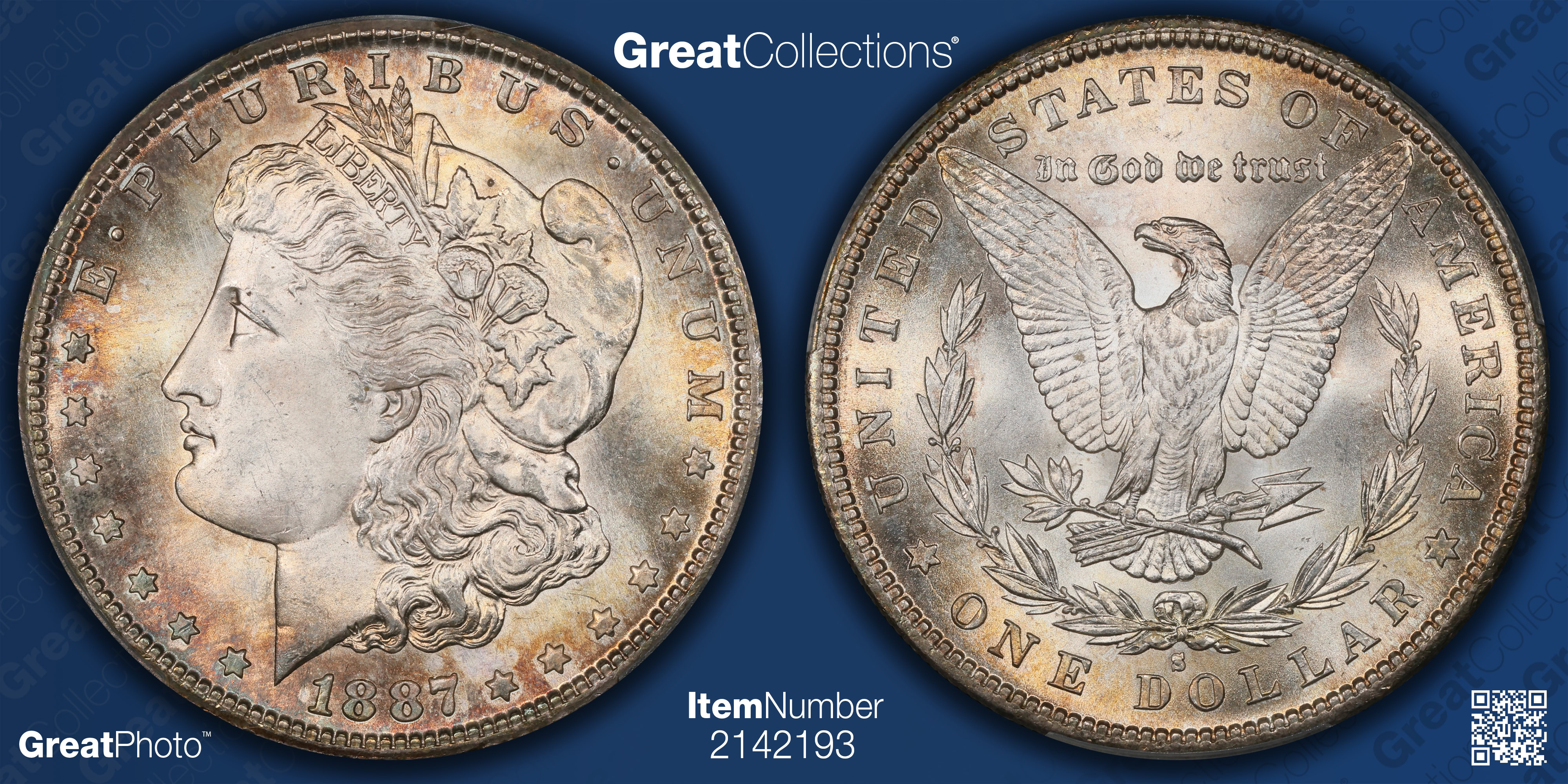 1887-S Morgan Silver Dollar PCGS MS-67 (Toned) (Coronet Collection