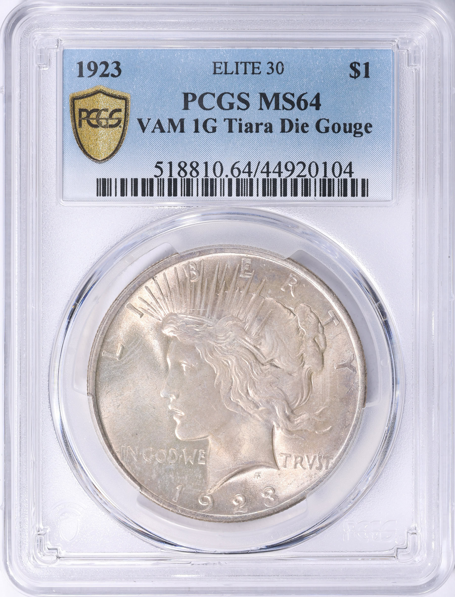 1923 Peace Silver Dollar Tiara Die Gouge VAM-1G PCGS MS-64 (Toned