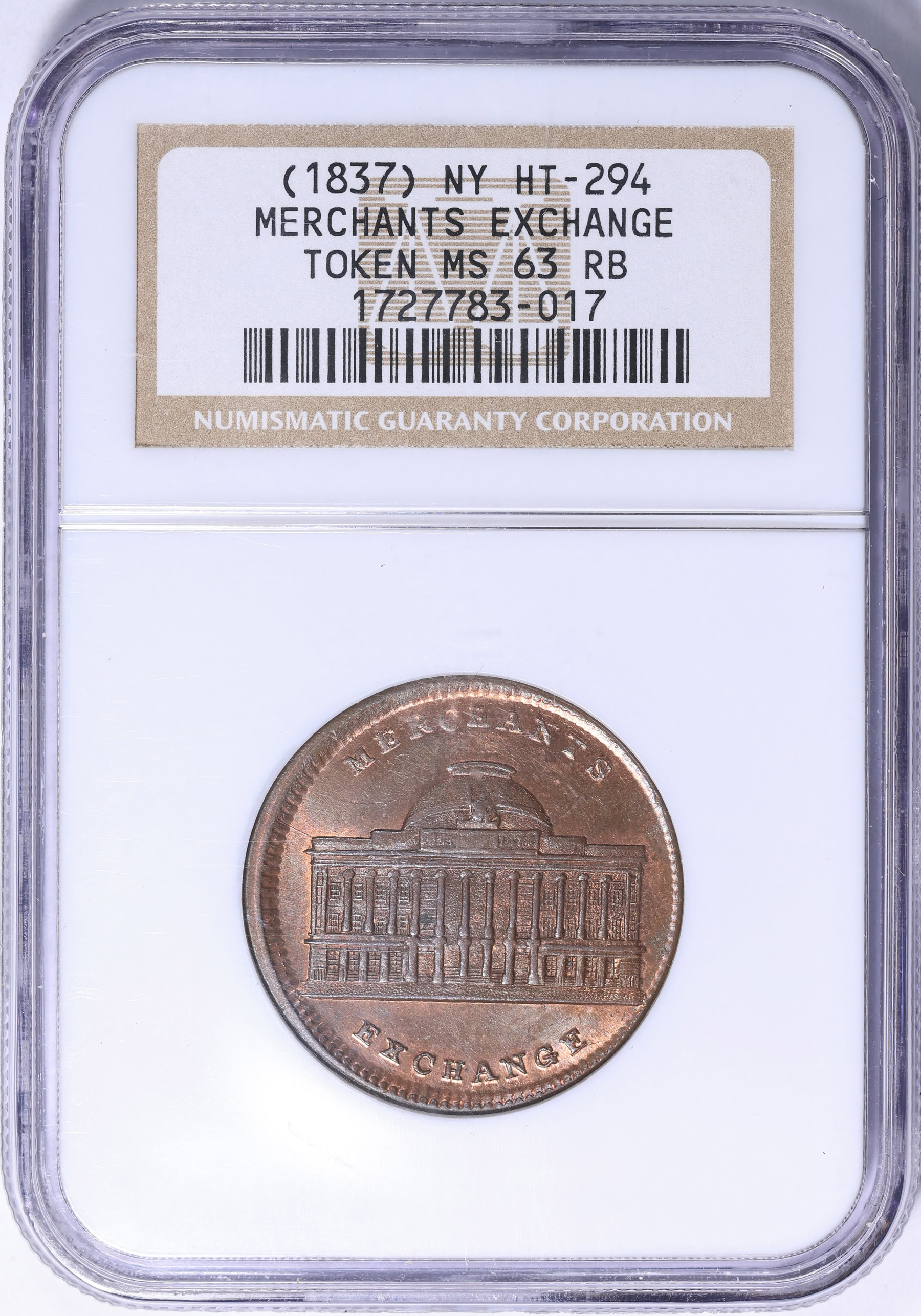 1837 Merchants Exchange Hard Times Token HT-294 NGC MS-63 RB (Item