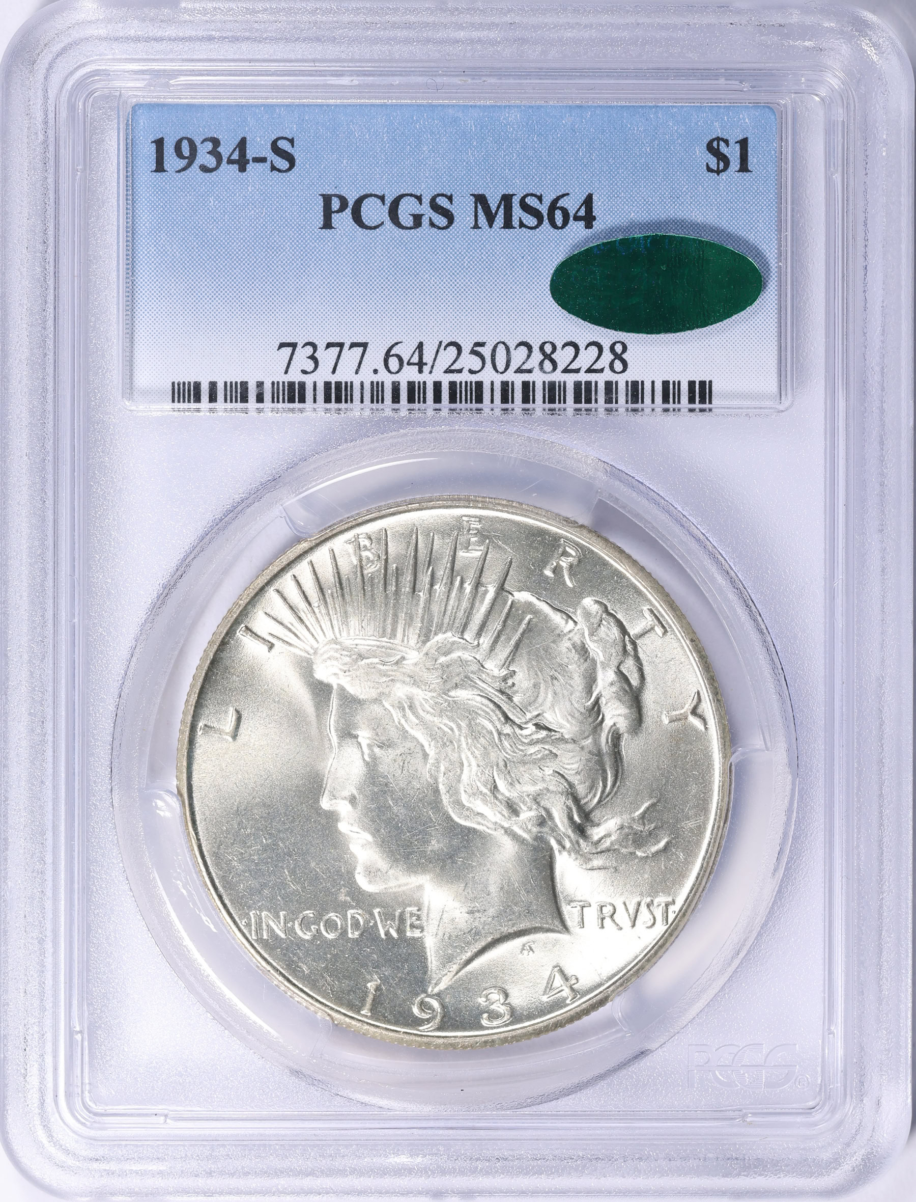 1934-S Peace Silver Dollar PCGS MS-64 (CAC Green) (Item 2146123