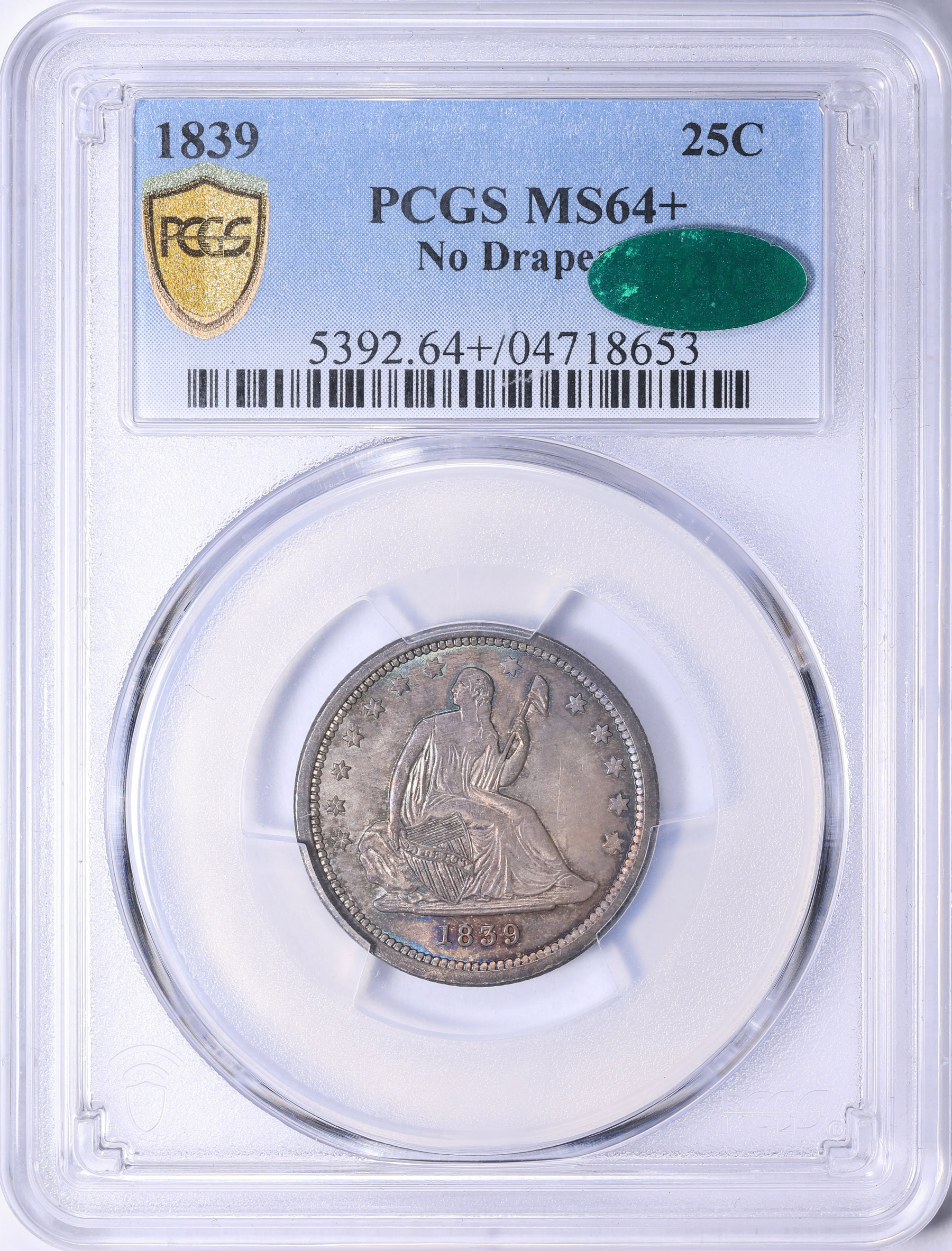1839 Seated Liberty Quarter No Drapery PCGS MS-64+ (CAC Green